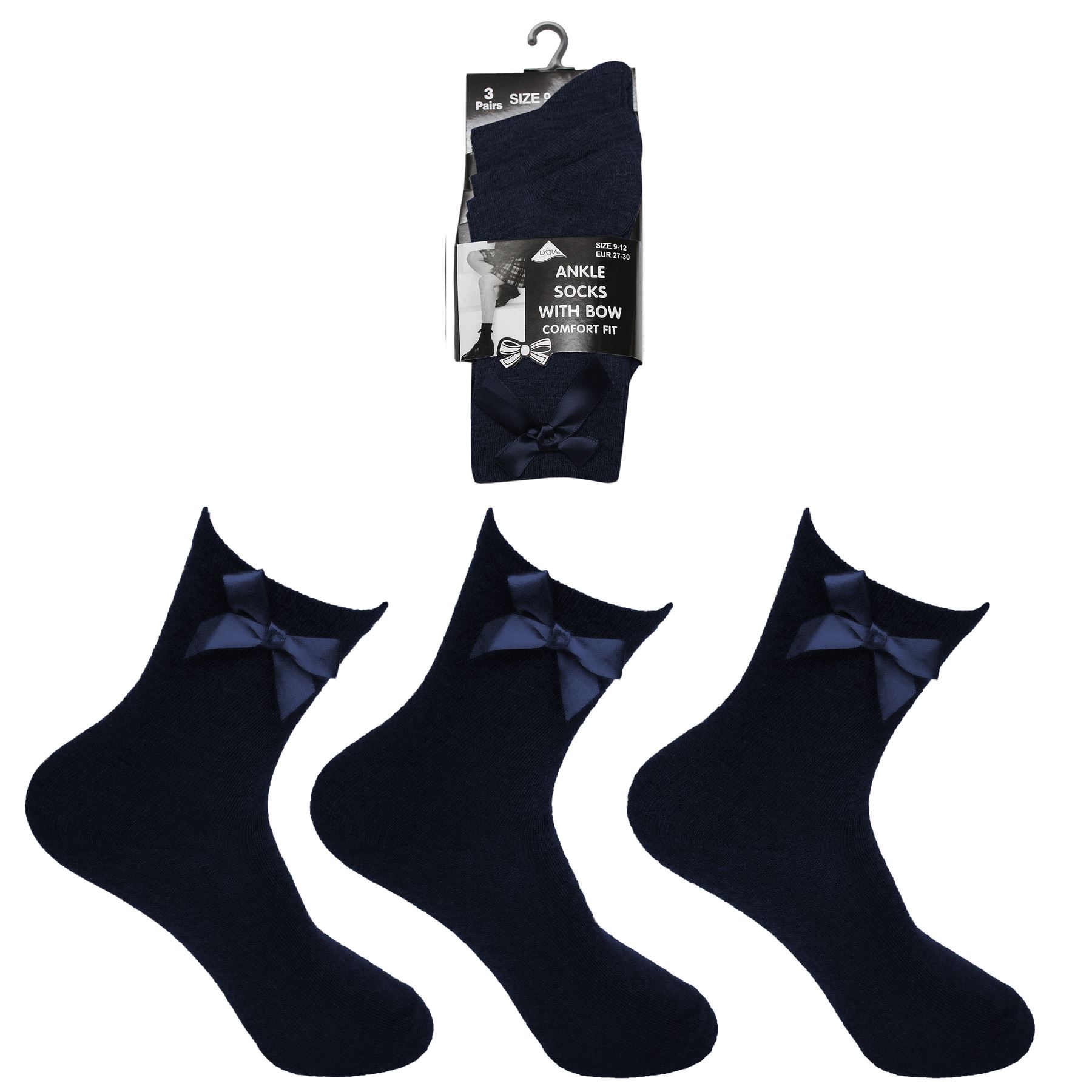 School Bow Socks Kids Girls Cotton Rich Short Ankle Sock (6 or 12 Pairs) - Picture 6 of 9