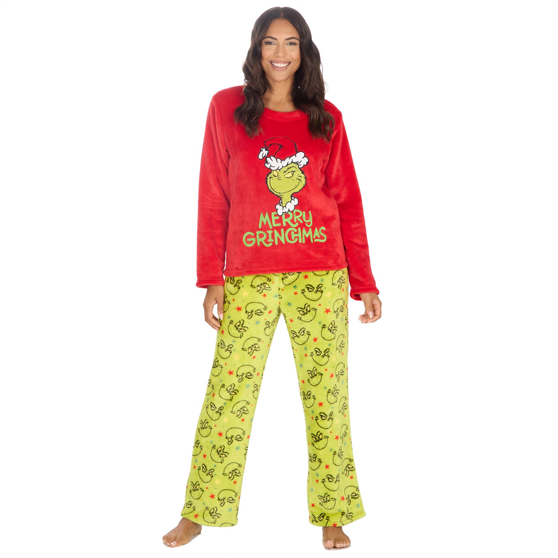Grinch Fleece Schlafanzug passend Familie Weihnachten Unisex Erwachsene Kinder Pyjama Set - Bild 12 von 22