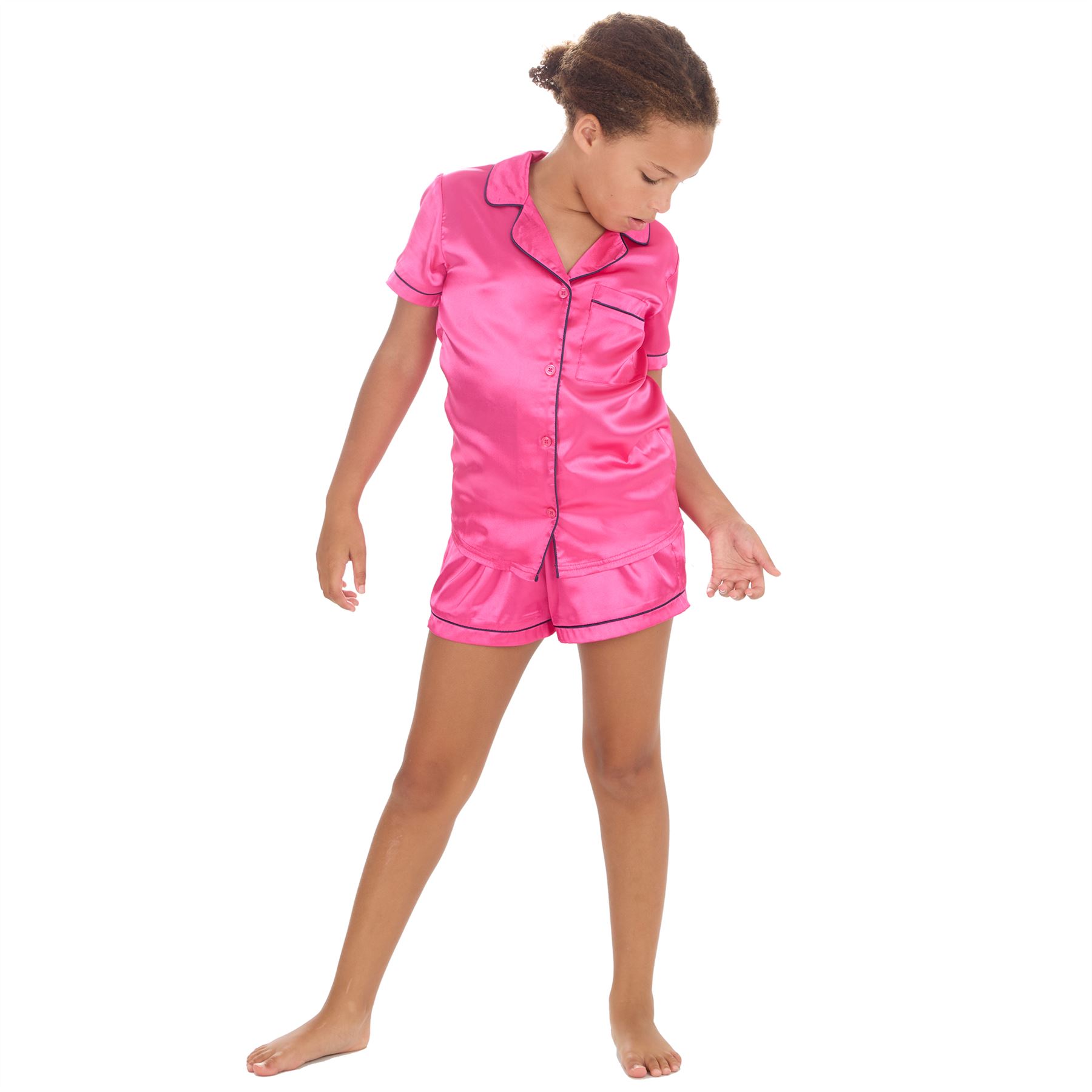 Girls Satin Short Pajamas Kids Short Sleeve Button Pajama Set PJs Nightwear - Picture 3 of 7