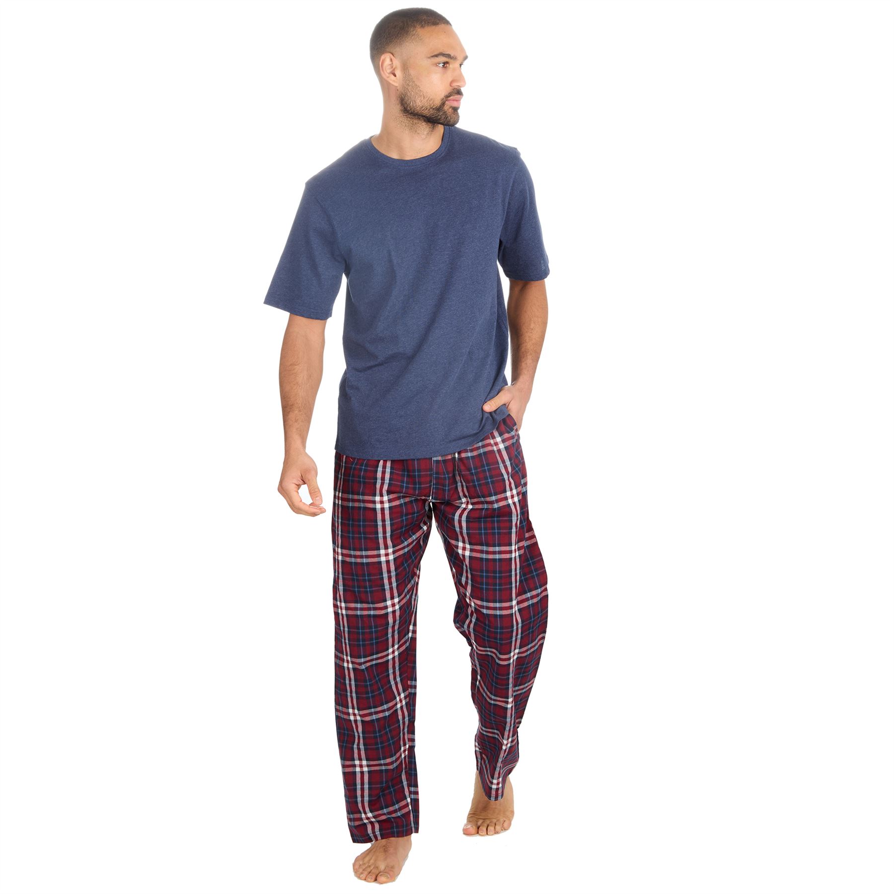 Mens Pyjamas Jersey Top Long Woven Check Pants Lounge Pyjama Set Pjs Nightwear - Picture 15 of 28
