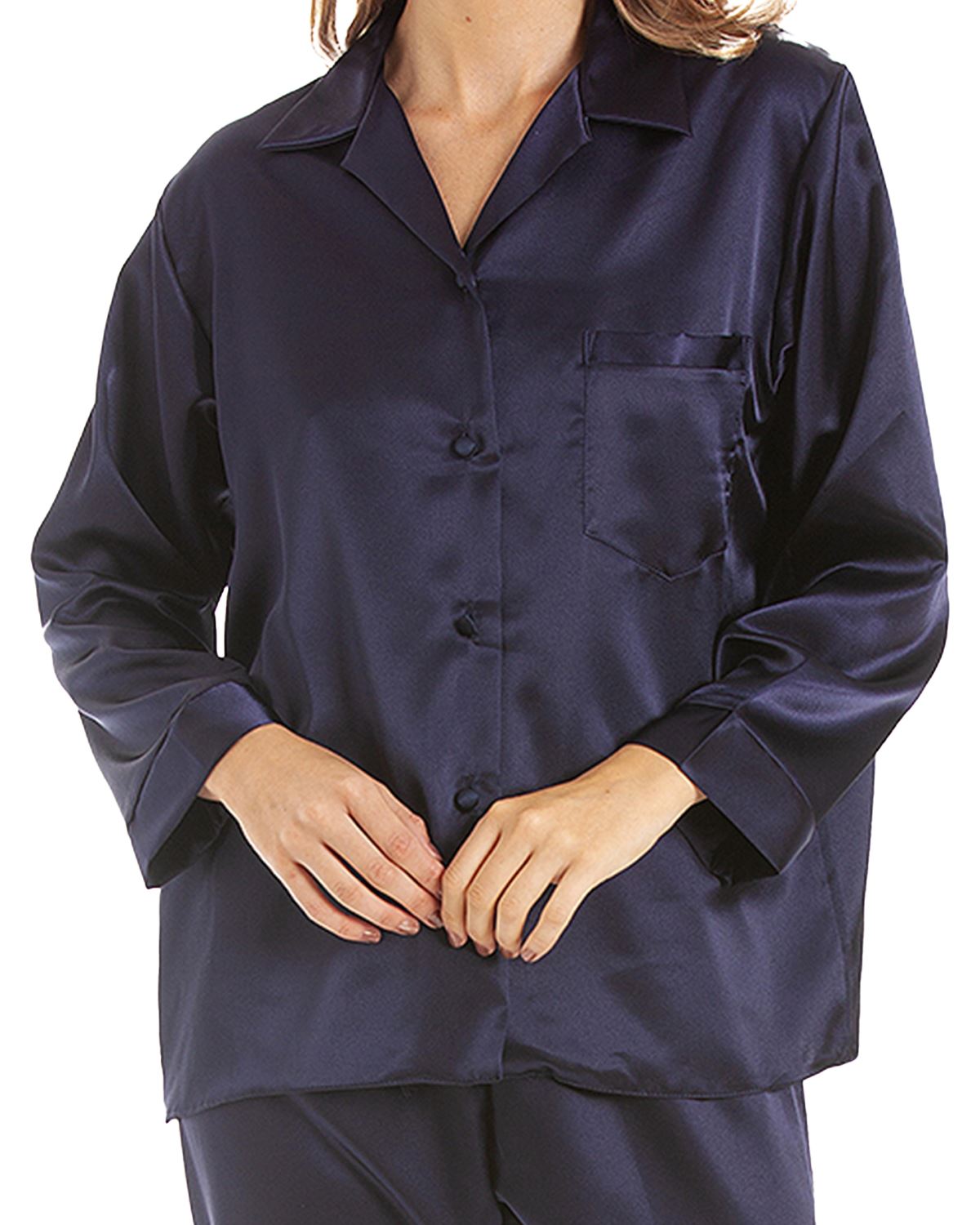 Traditional Satin Button Pyjamas Lady Olga Long Sleeve Button Through Pyjama Set - Picture 18 of 22