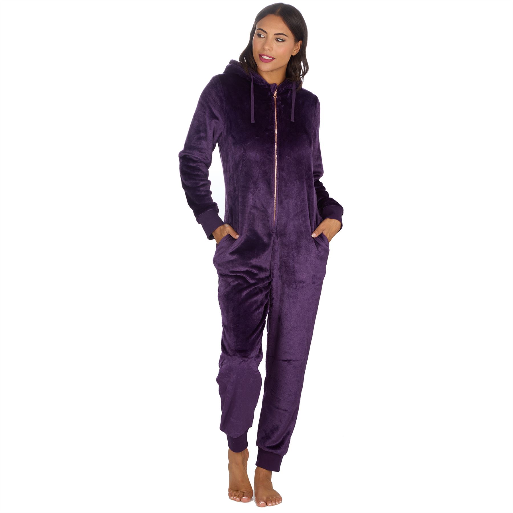 Ladies Fleece 1Onezie Soft Polished Hooded All In One Zip Jumpsuit Loungewear - Picture 3 of 13