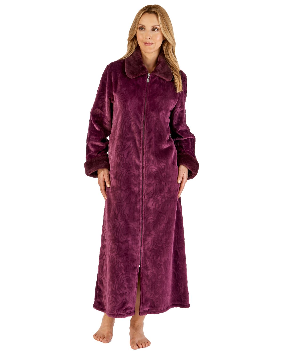 Ladies Slenderella Luxury Faux Fur Collar 50" Long Zip Through Dressing