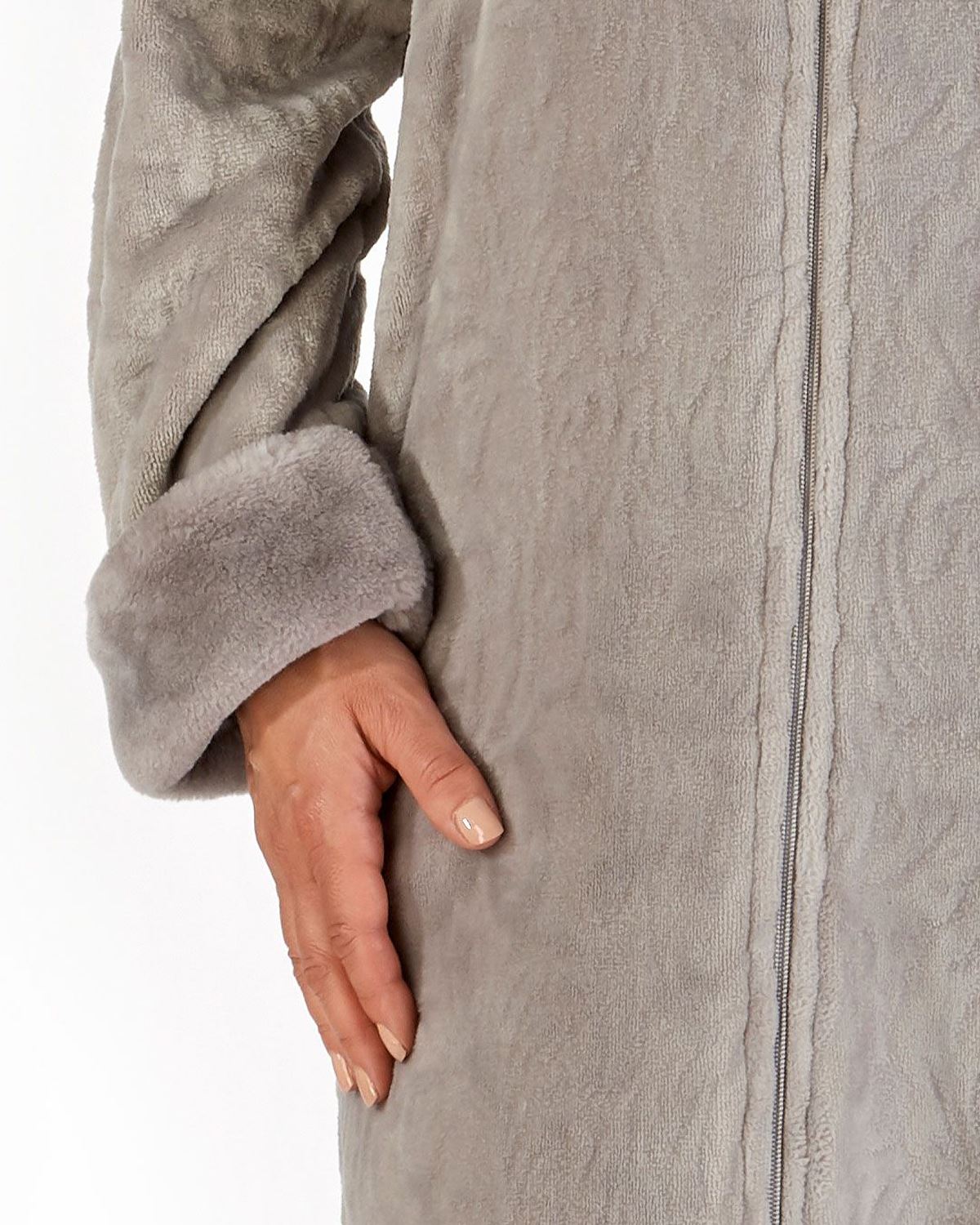 Luxury Faux Fur Collar 50" Long Zip Through Dressing Gown Slenderella