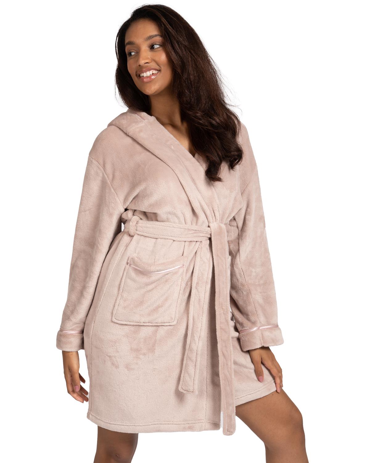 Ladies Super Soft Winter Fleece Hooded Satin Trim Wrap Dressing Gown | eBay