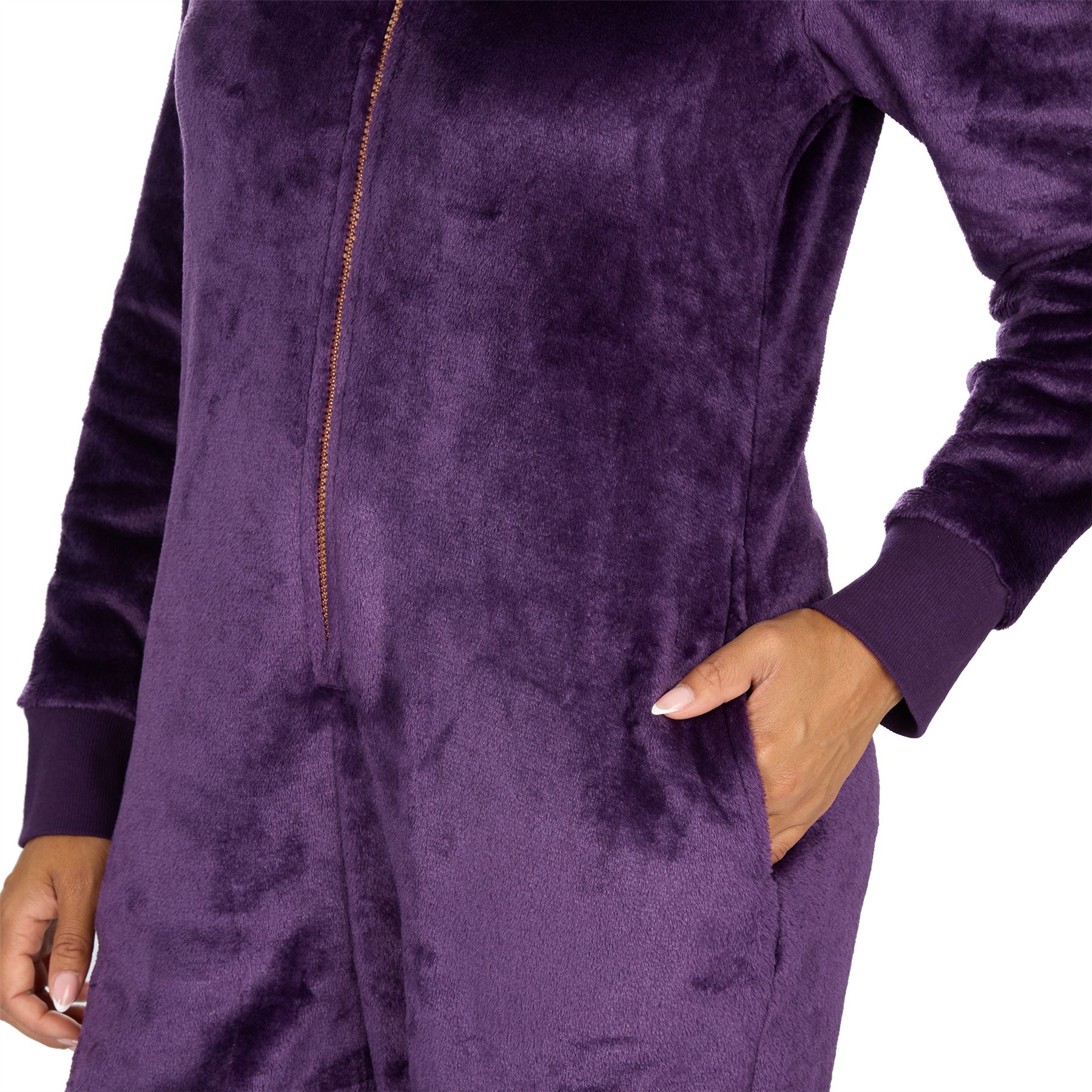 Ladies Fleece 1Onezie Soft Polished Hooded All In One Zip Jumpsuit Loungewear - Picture 7 of 13