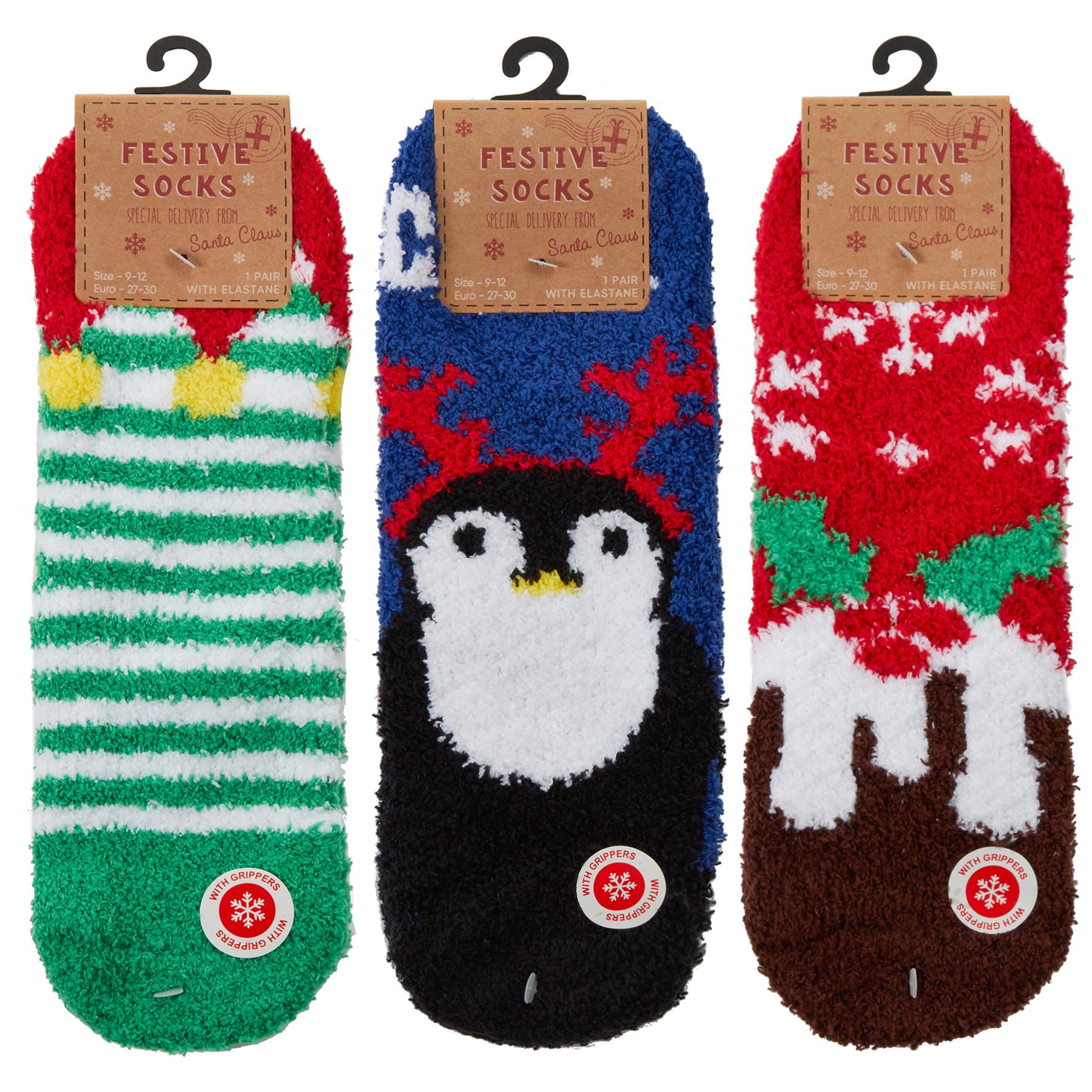 Christmas Cosy Socks Babies Kids Fluffy Festive Bed Slipper Sock Grips (3 Pairs) - Picture 13 of 13