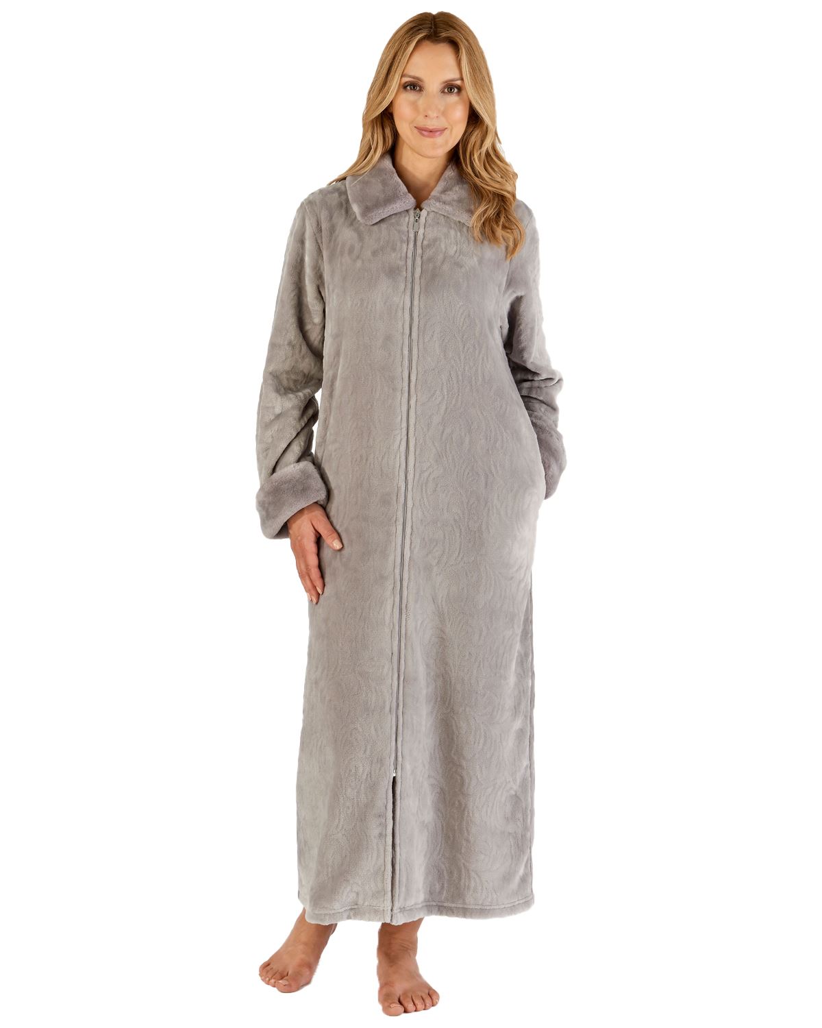 Luxury Faux Fur Collar 50" Long Zip Through Dressing Gown Slenderella