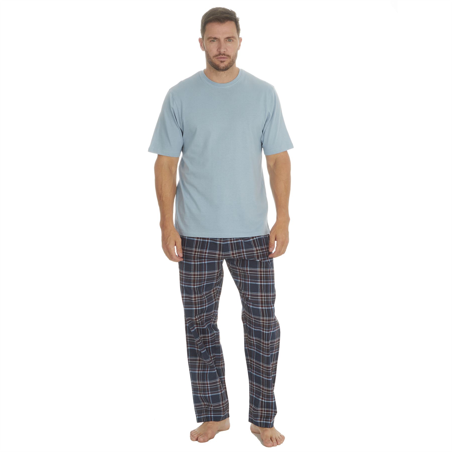 Mens Pyjamas Jersey Top Long Woven Check Pants Lounge Pyjama Set Pjs Nightwear - Picture 3 of 28