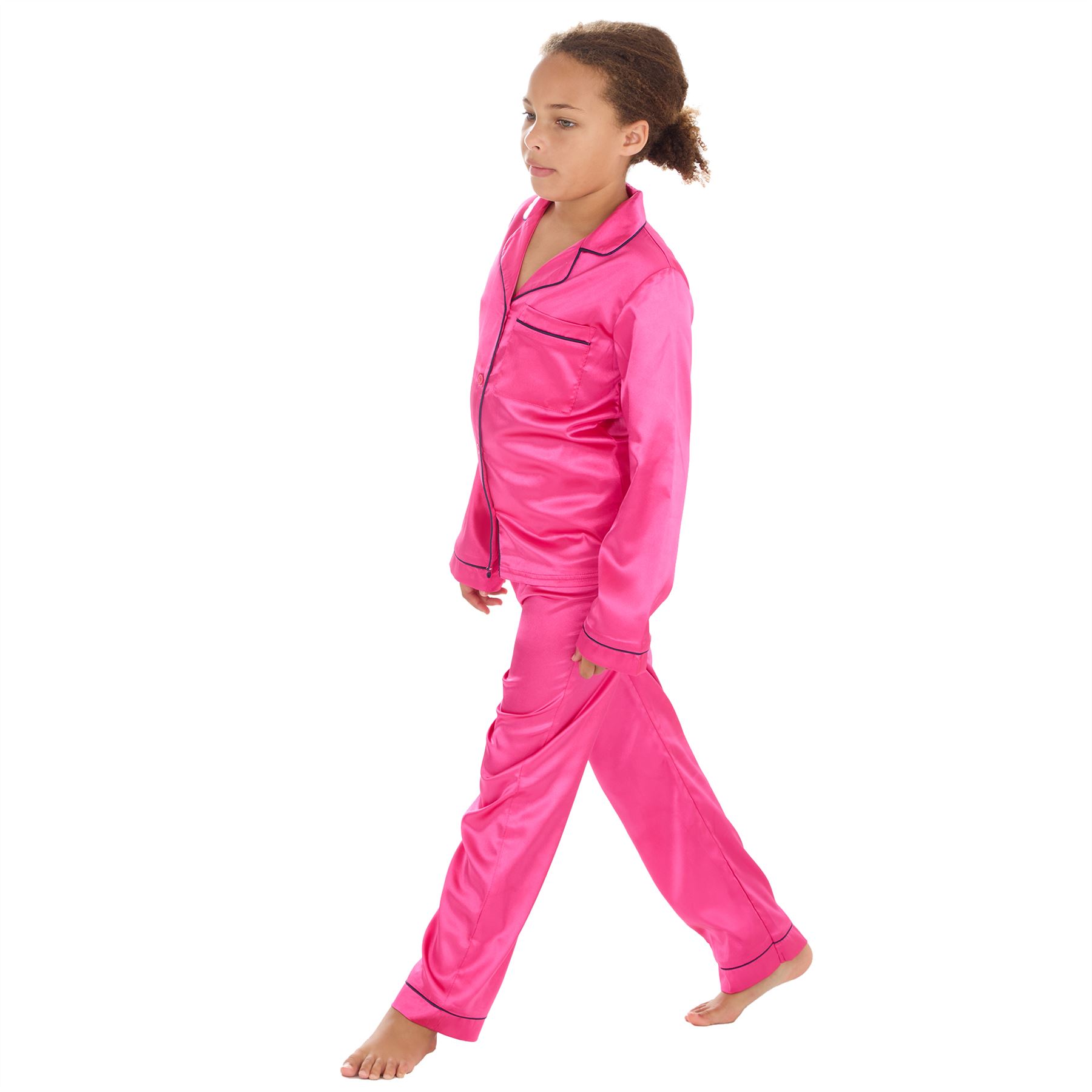 Girls Satin Long Pajamas Kids Long Sleeve Button Pajama Set PJs Nightwear - Picture 4 of 8