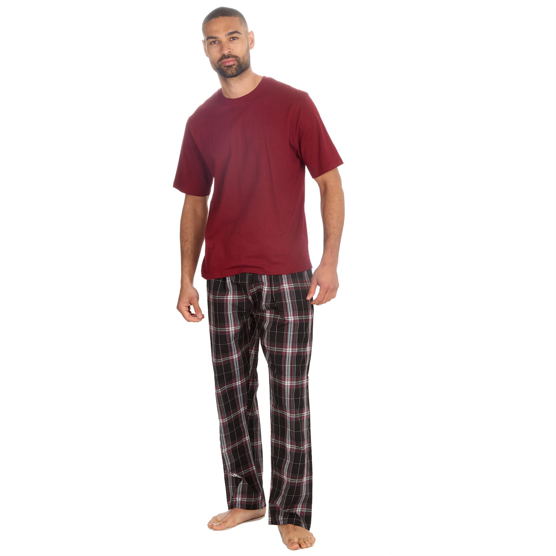 Mens Pyjamas Jersey Top Long Woven Check Pants Lounge Pyjama Set Pjs Nightwear - Picture 12 of 28