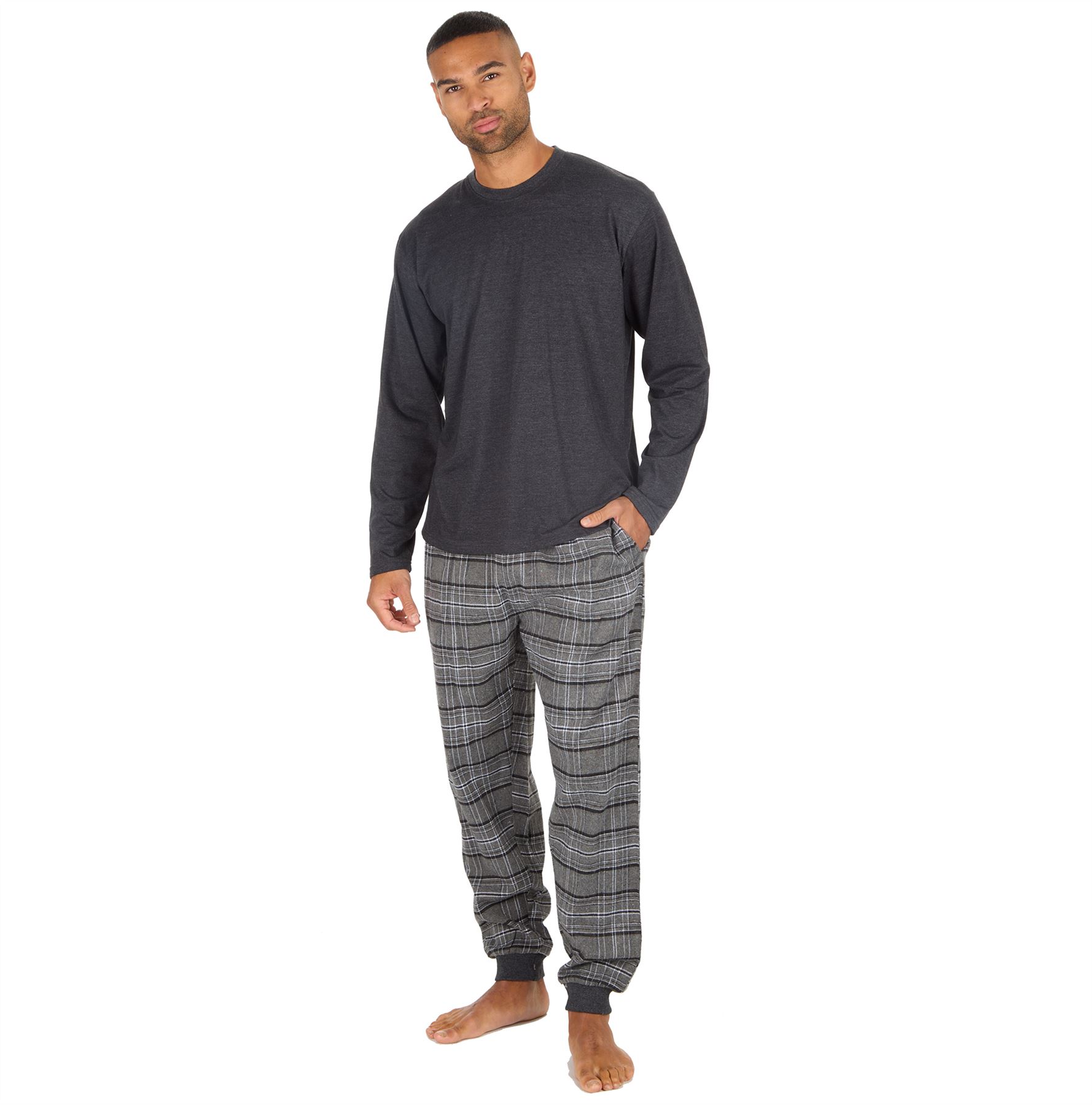 Mens Pyjama Set Adults Jersey & Flannel Cotton Blend Long Sleeve Lounge Pyjamas - Picture 16 of 25