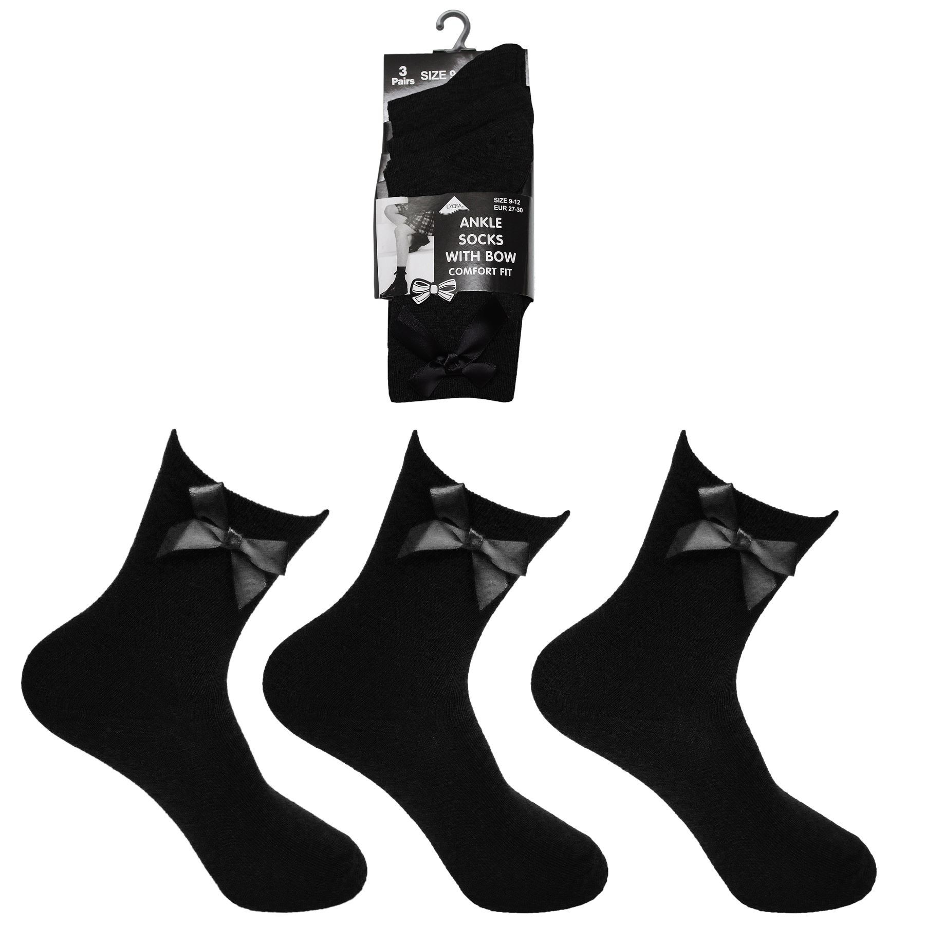 School Bow Socks Kids Girls Cotton Rich Short Ankle Sock (6 or 12 Pairs) - Picture 3 of 9
