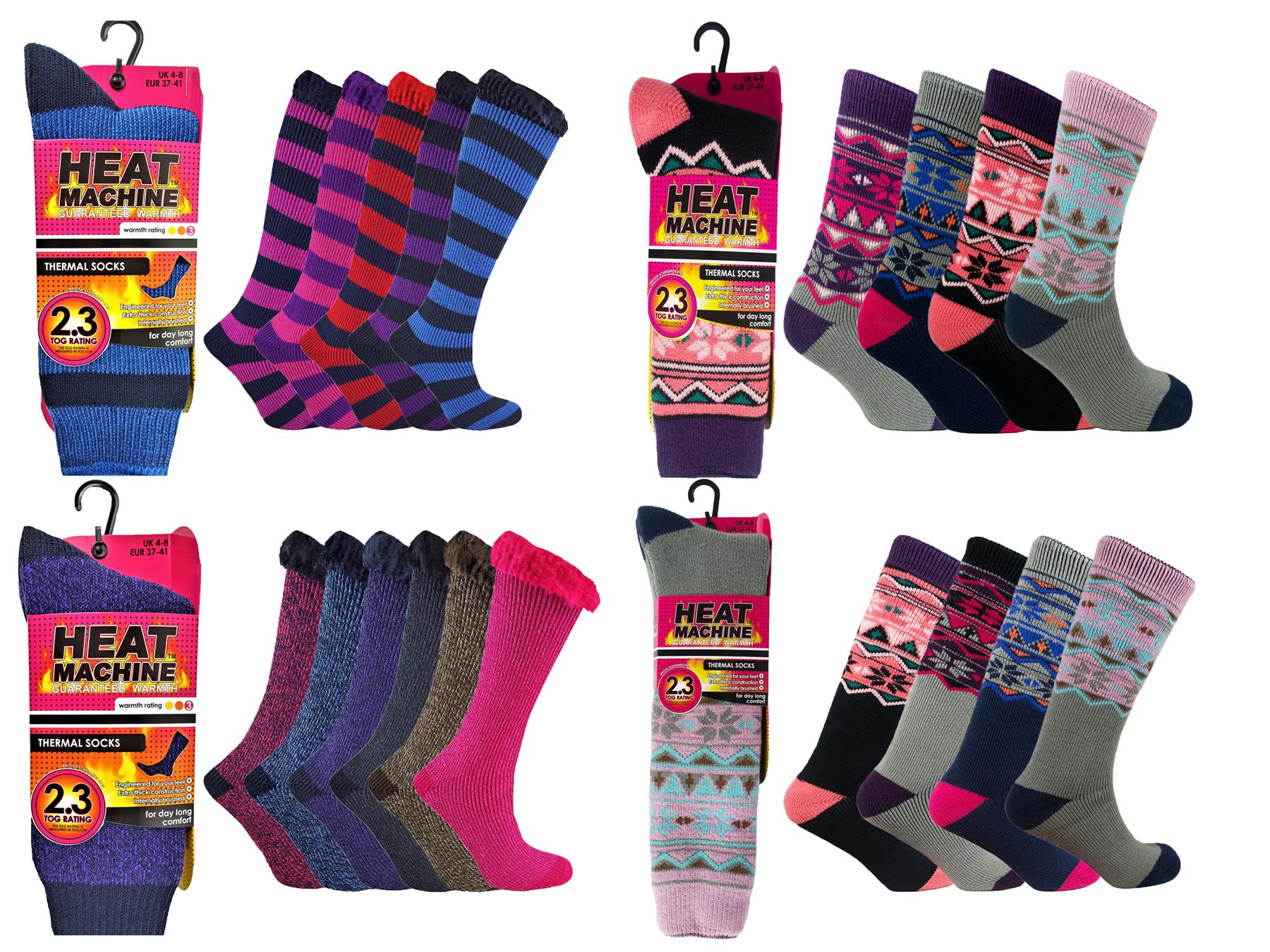 Ladies Heat Machine 2.3 Tog Brushed Thick Winter Fairisle Thermal Socks 4-8 Uk