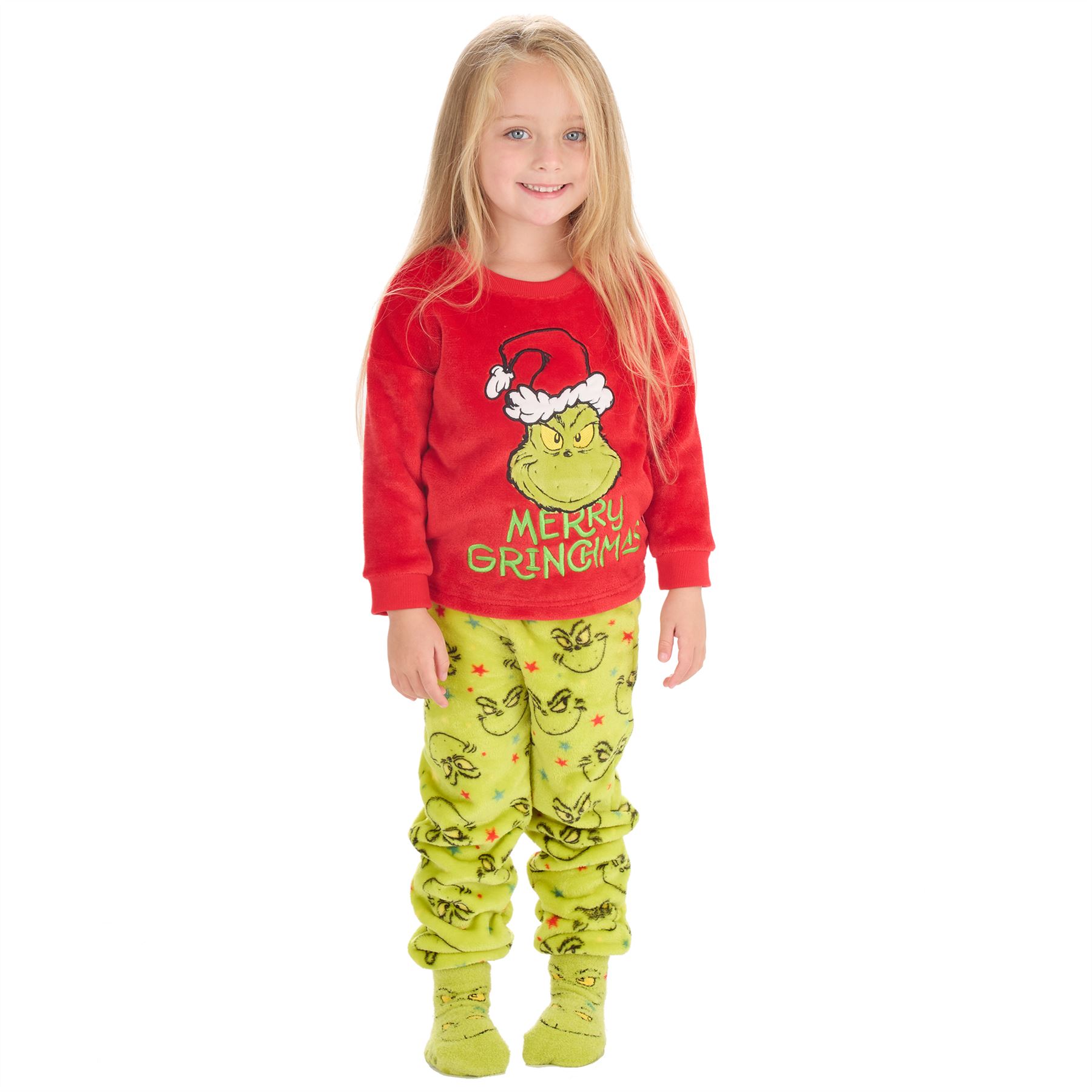 Grinch Fleece Schlafanzug passend Familie Weihnachten Unisex Erwachsene Kinder Pyjama Set - Bild 5 von 22