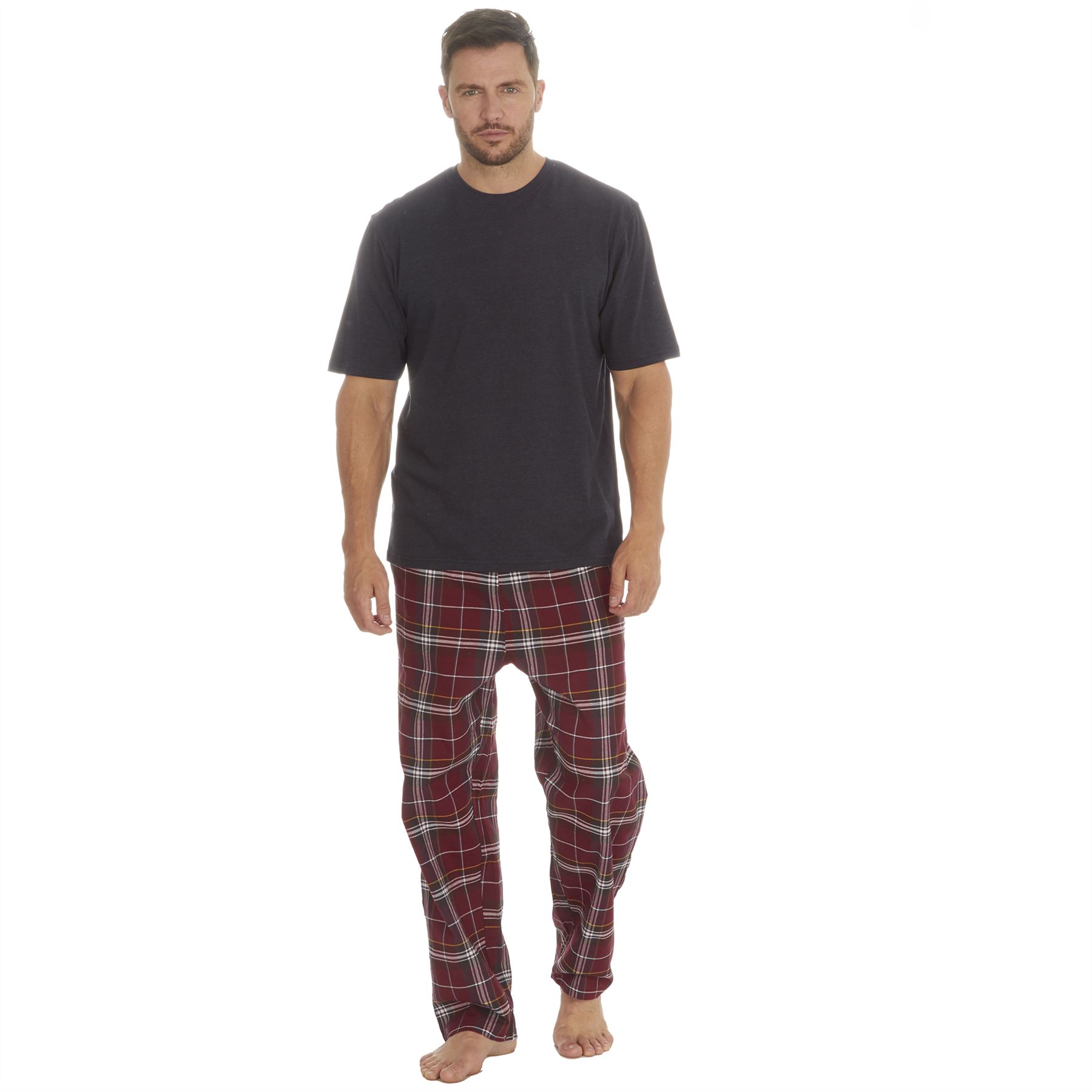 Mens Pyjamas Jersey Top Long Woven Check Pants Lounge Pyjama Set Pjs Nightwear - Picture 26 of 28