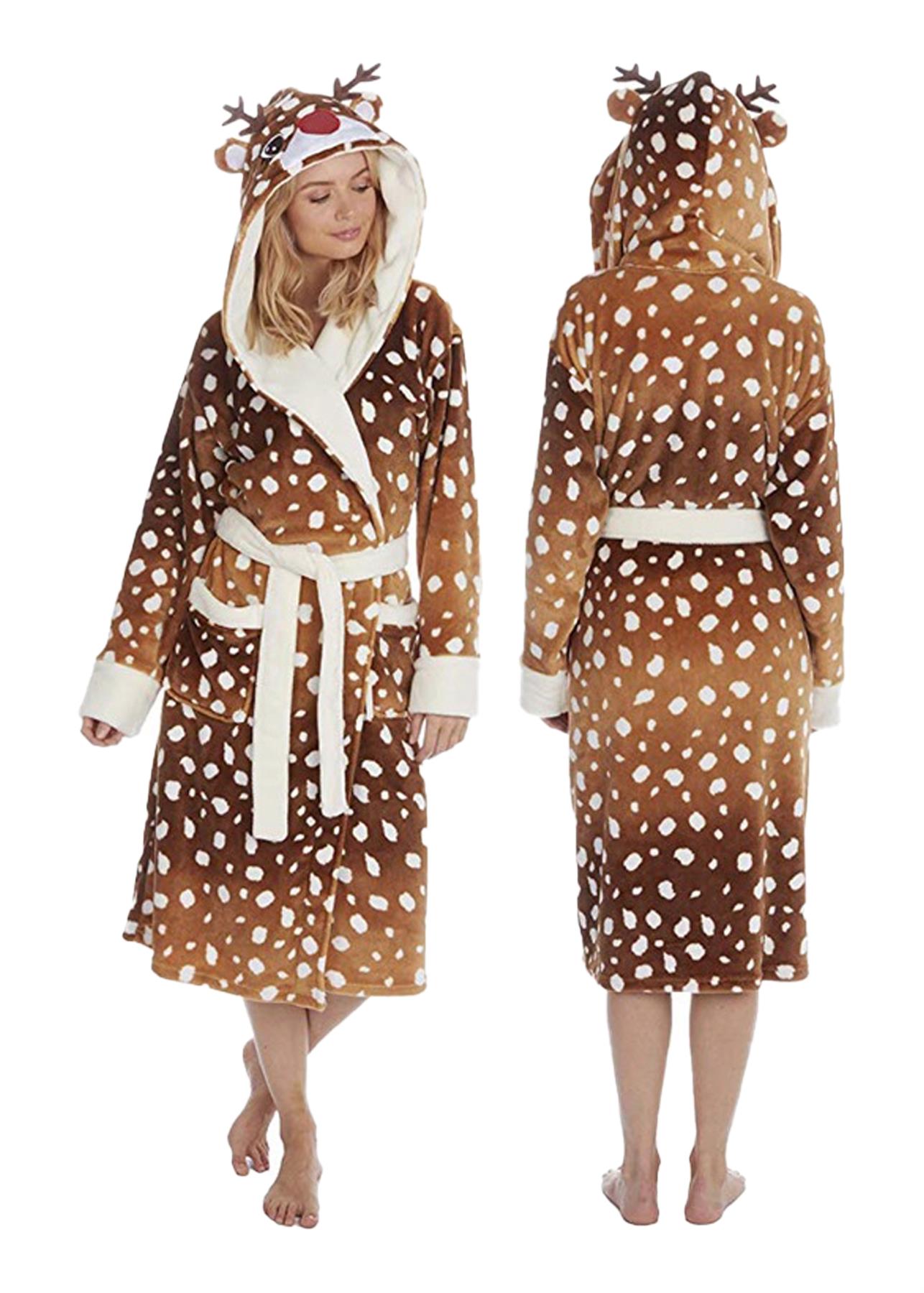 Womens Luxury Soft Coral Fleece Animal 3D Dressing Gown Robe with Hood