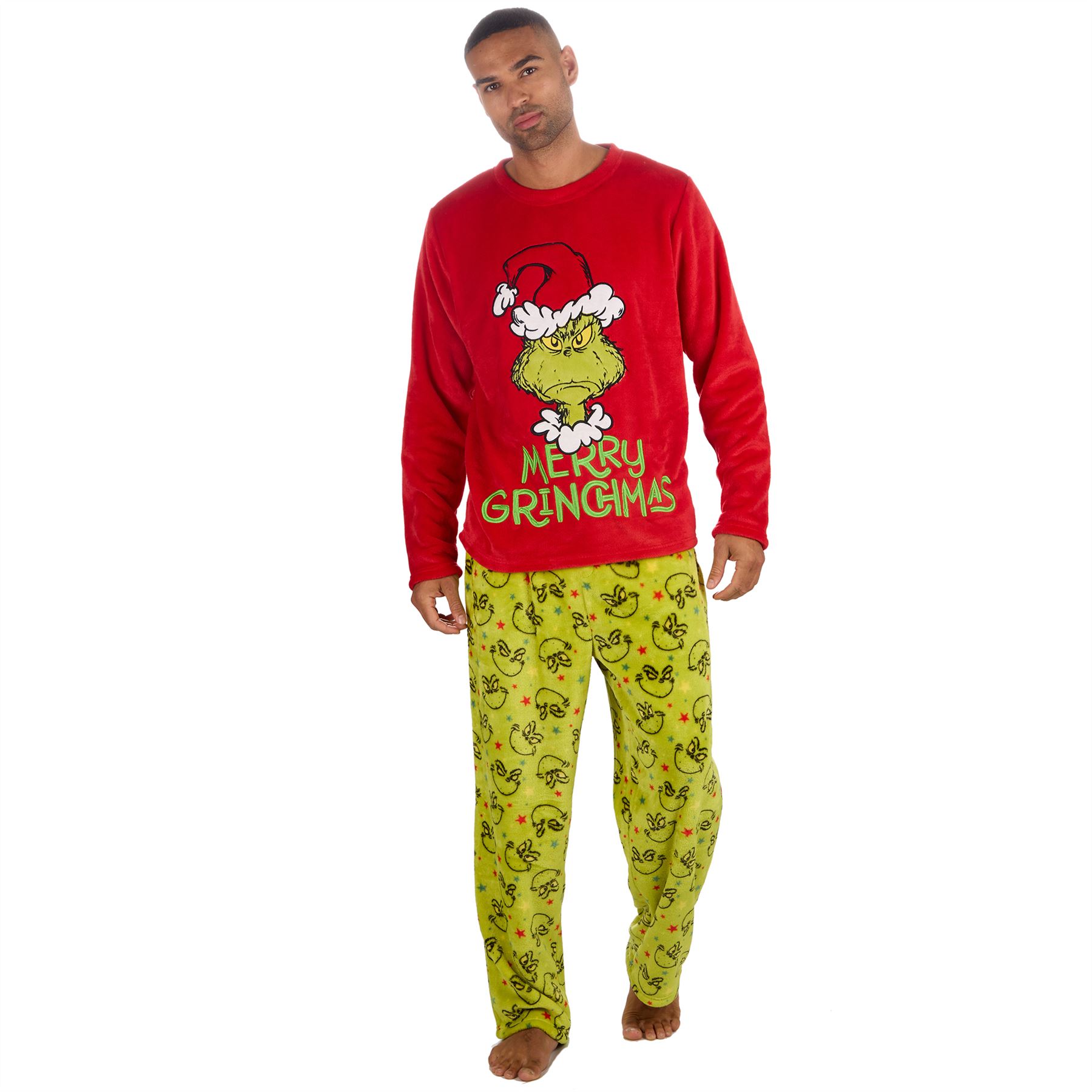 Grinch Fleece Schlafanzug passend Familie Weihnachten Unisex Erwachsene Kinder Pyjama Set - Bild 18 von 22