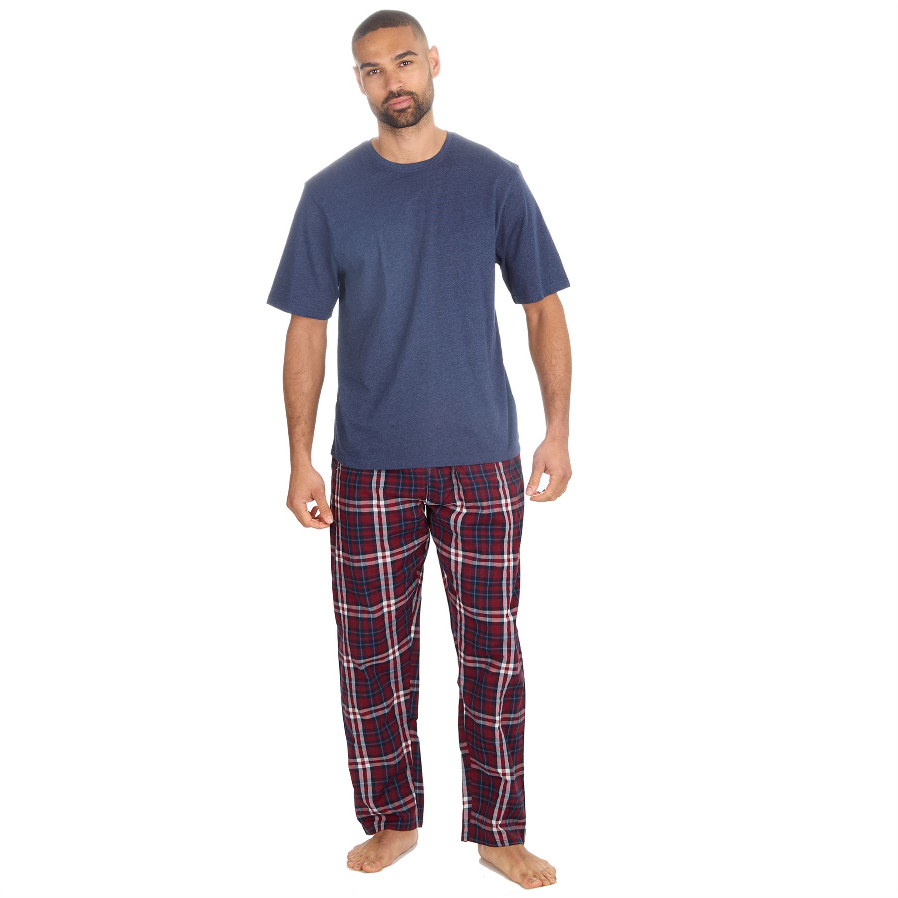 Mens Pyjamas Jersey Top Long Woven Check Pants Lounge Pyjama Set Pjs Nightwear - Picture 14 of 28