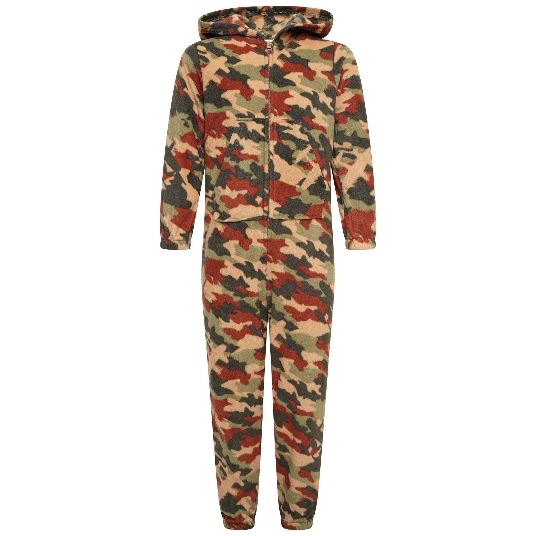 Kids Camo Fleece 1Onezie Childrens Hooded Zip All In One Jumpsuit Onezee - Picture 2 of 7