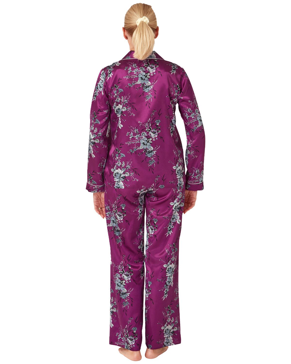 Ladies Satin Long Pajamas Button Through Silky Pajama Set PJ Nightwear - Picture 13 of 18