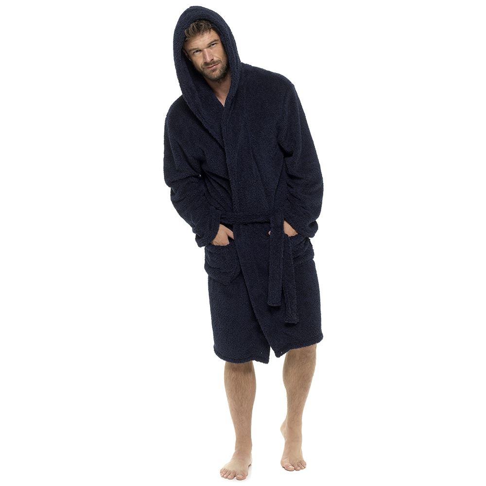 Mens Hooded Dressing Gown Soft Fleece Two Tone Wrap Housecoat Robe