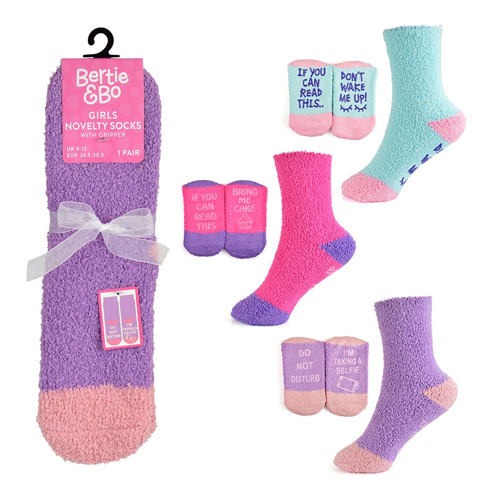 Slogan Sole Cosy Socks Kids Boys Girls Fluffy Winter Novelty Sock (3 Pairs) - Picture 6 of 9