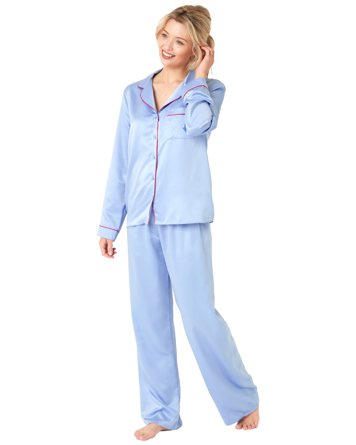 Ladies Satin Long Pajamas Button Through Silky Pajama Set PJ Nightwear - Picture 8 of 18