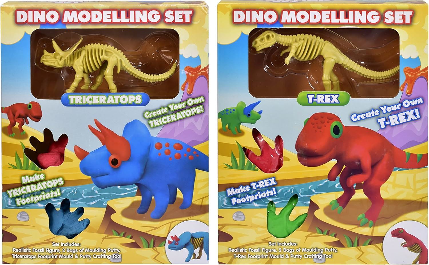Dino Dough Modelling Kit T-Rex Triceratops Dinosaur Play Set Kids Air Dry Clay