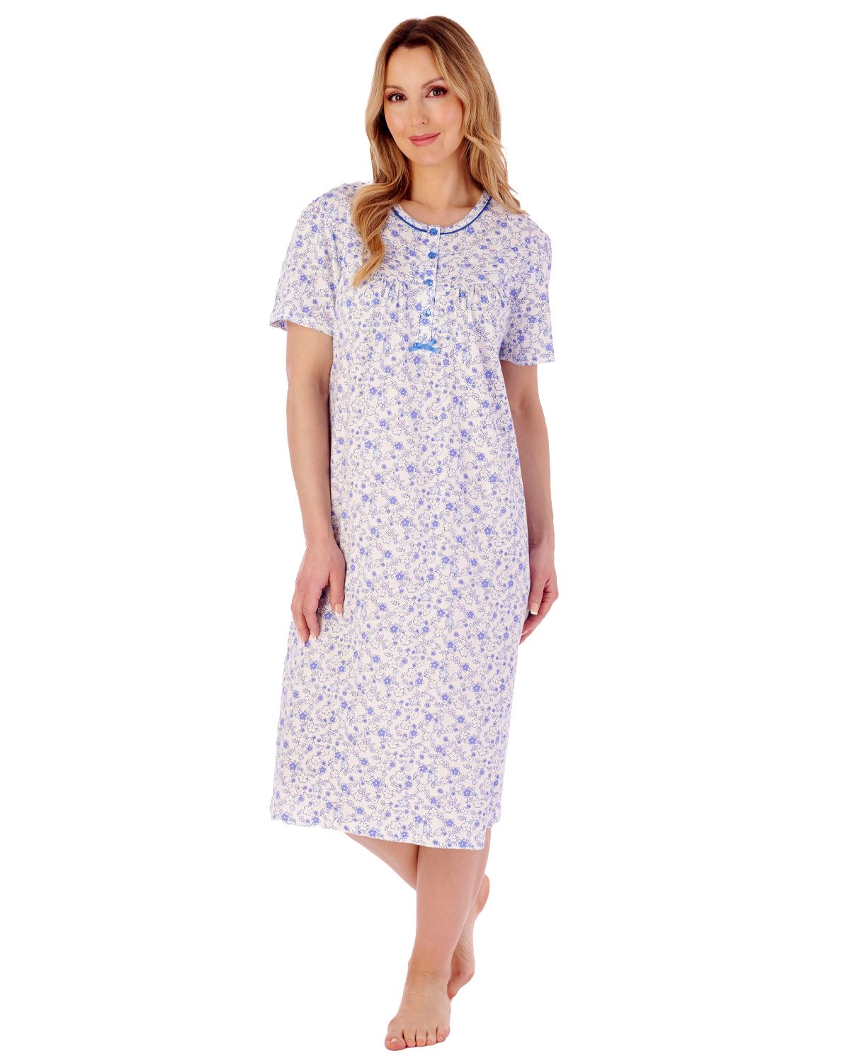 Slenderella Cotton Nightie 42" Short Sleeve Ditsy Floral Jersey Nightdress - Picture 2 of 10