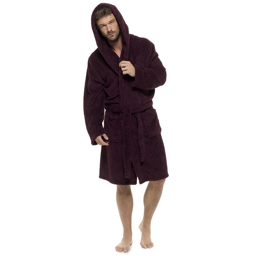 Mens Hooded Dressing Gown Soft Fleece Two Tone Wrap Housecoat Robe