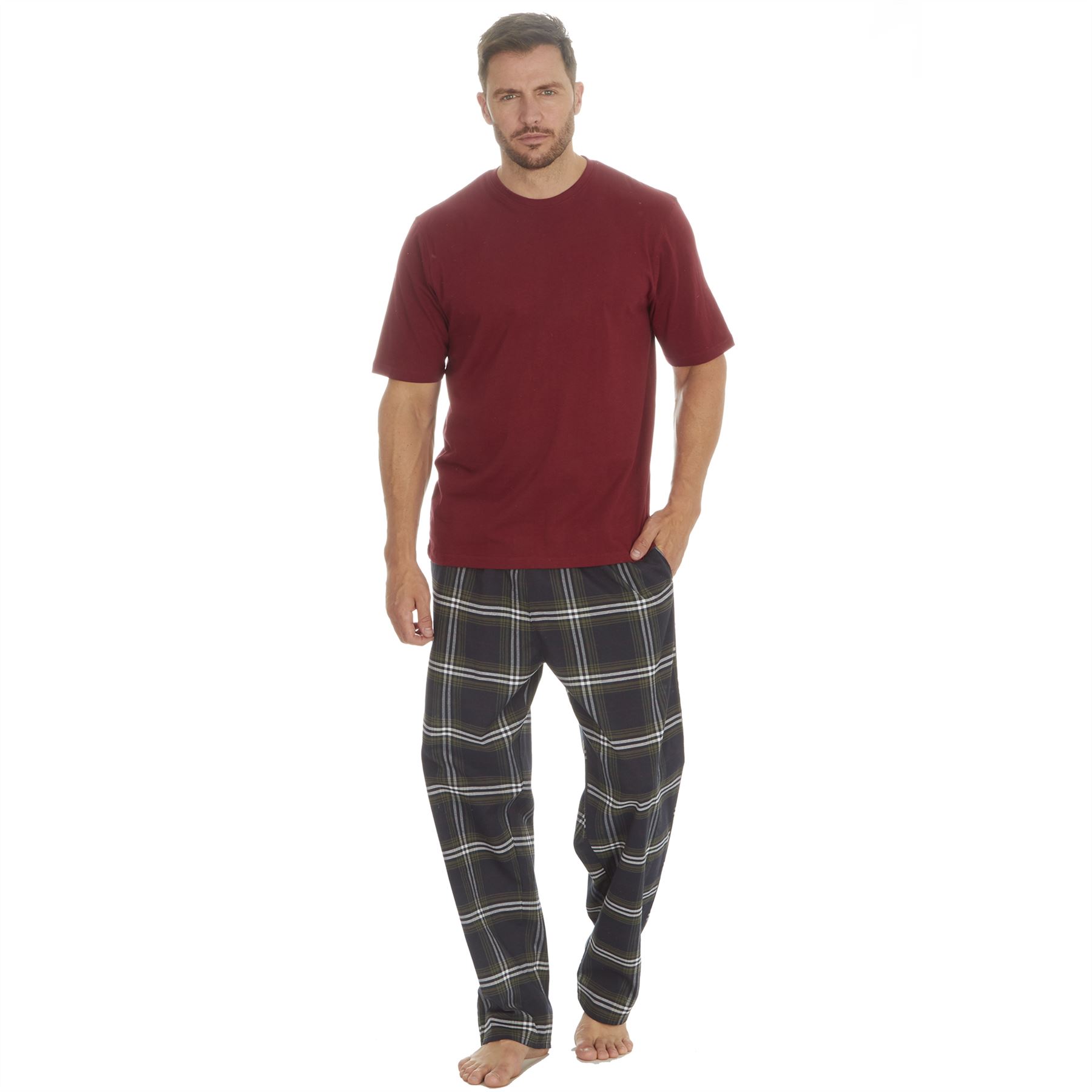 Mens Pyjamas Jersey Top Long Woven Check Pants Lounge Pyjama Set Pjs Nightwear - Picture 7 of 28