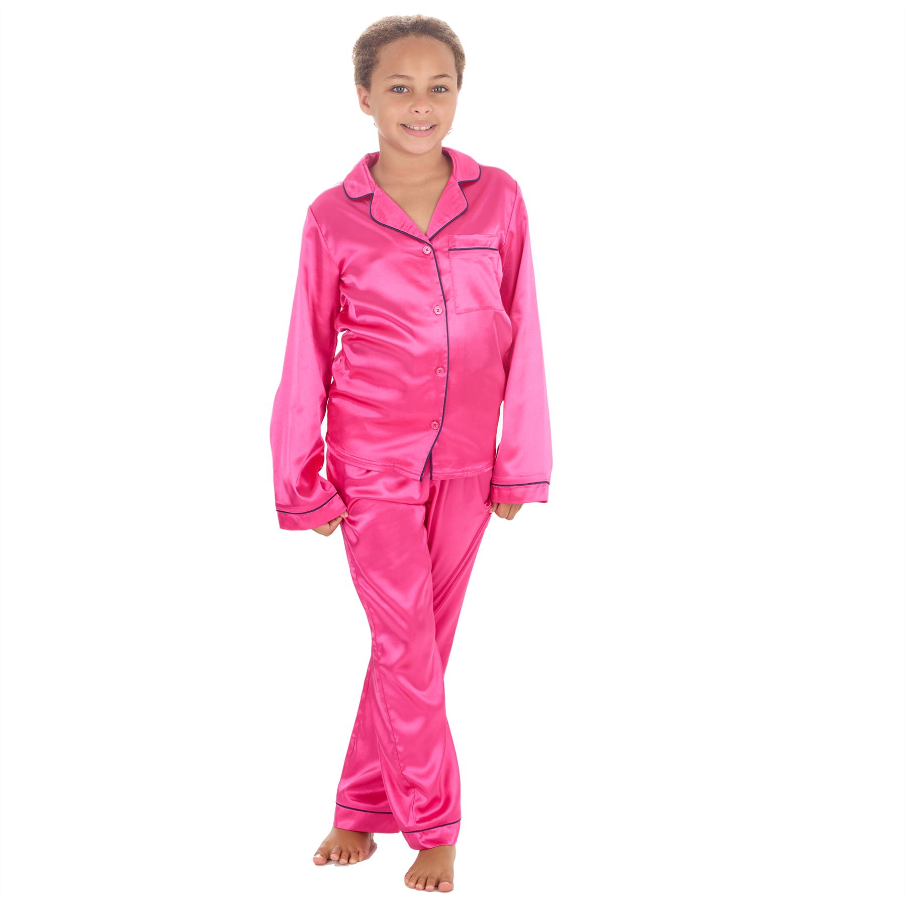 Girls Satin Long Pajamas Kids Long Sleeve Button Pajama Set PJs Nightwear - Picture 3 of 8