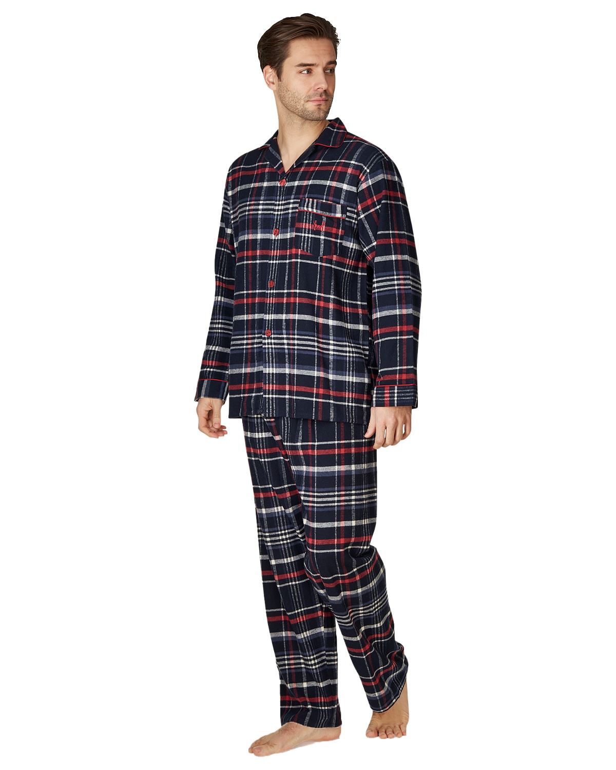 Juego de pijamas de algodón cepillado Haigman para hombre manga larga con botones a medida - Imagen 35 de 38