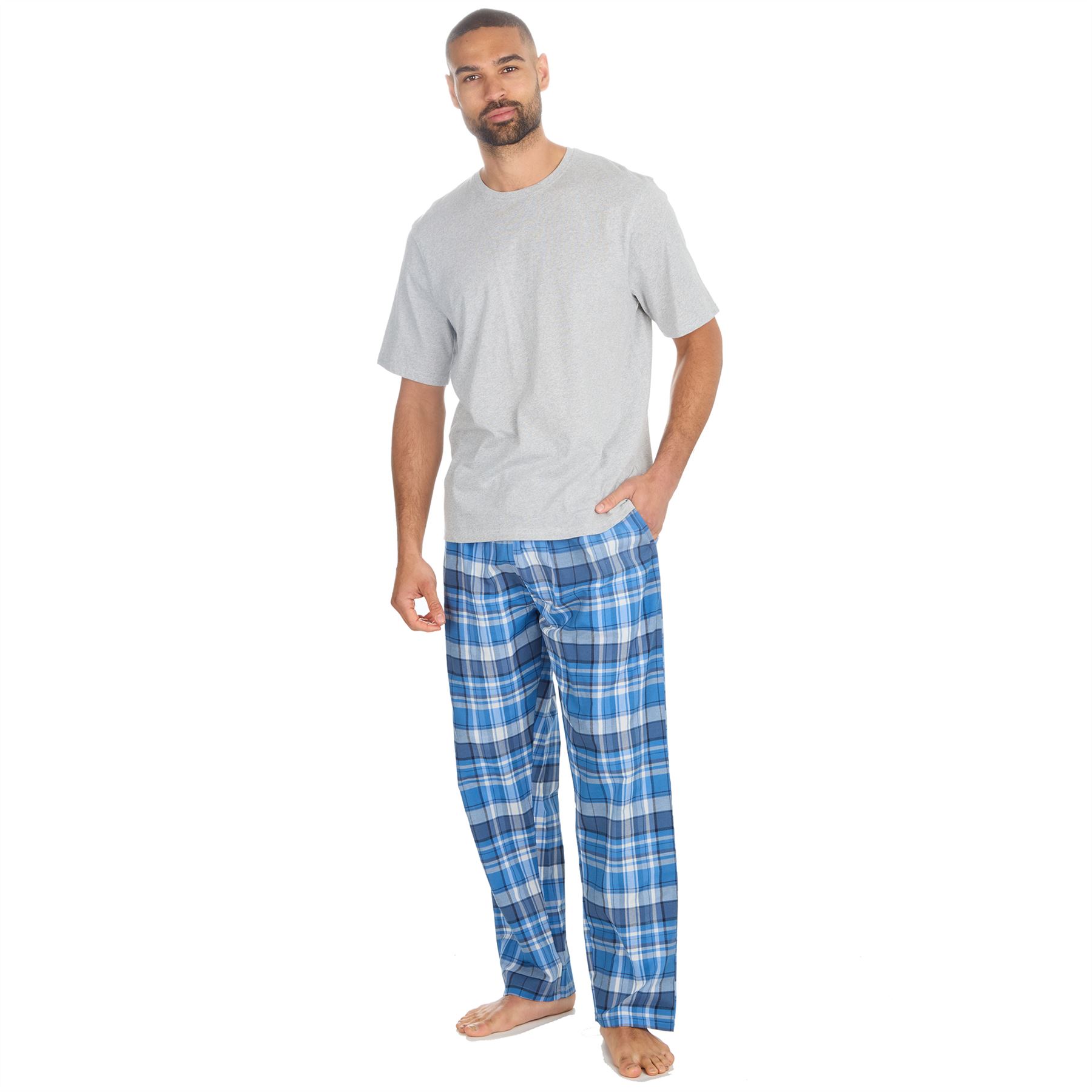 Mens Pyjamas Jersey Top Long Woven Check Pants Lounge Pyjama Set Pjs Nightwear - Picture 22 of 28