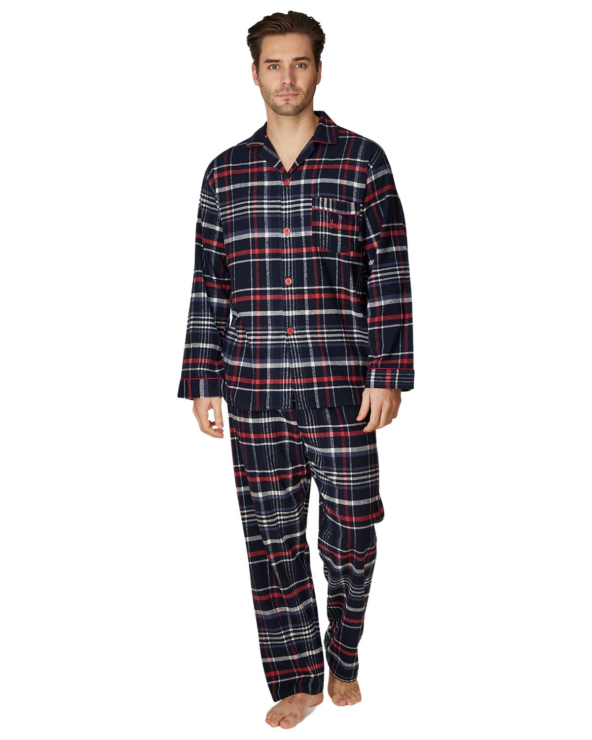 Juego de pijamas de algodón cepillado Haigman para hombre manga larga con botones a medida - Imagen 34 de 38