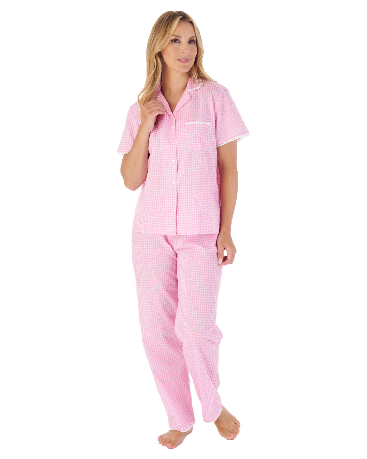 Slenderella Cotton Button Pyjamas Ladies Gingham Short Sleeve Woven Pyjama Set