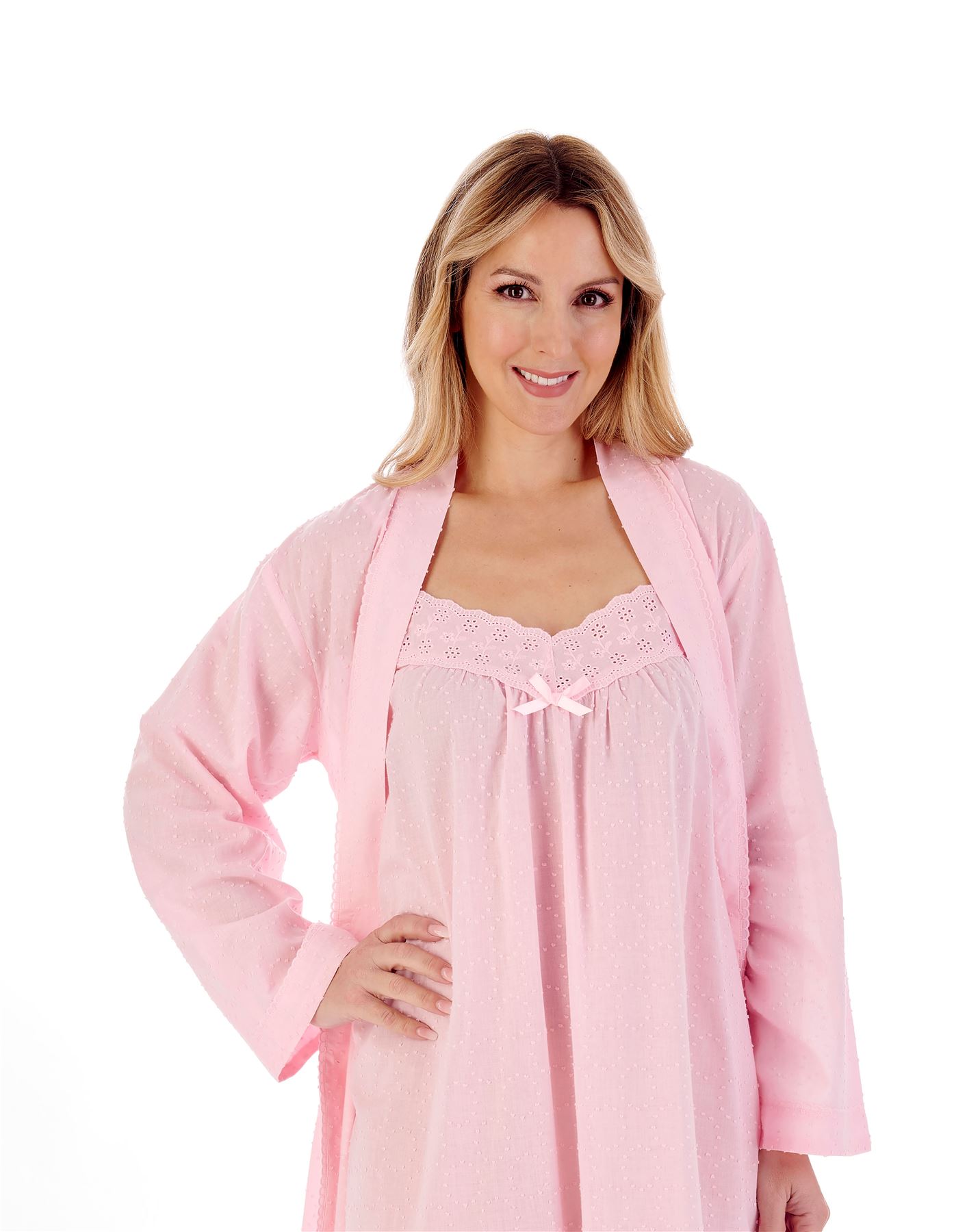 Vestido de vestir Slenderella tejido de algodón 45" Dobby Dot kimono envolvente - Imagen 8 de 13