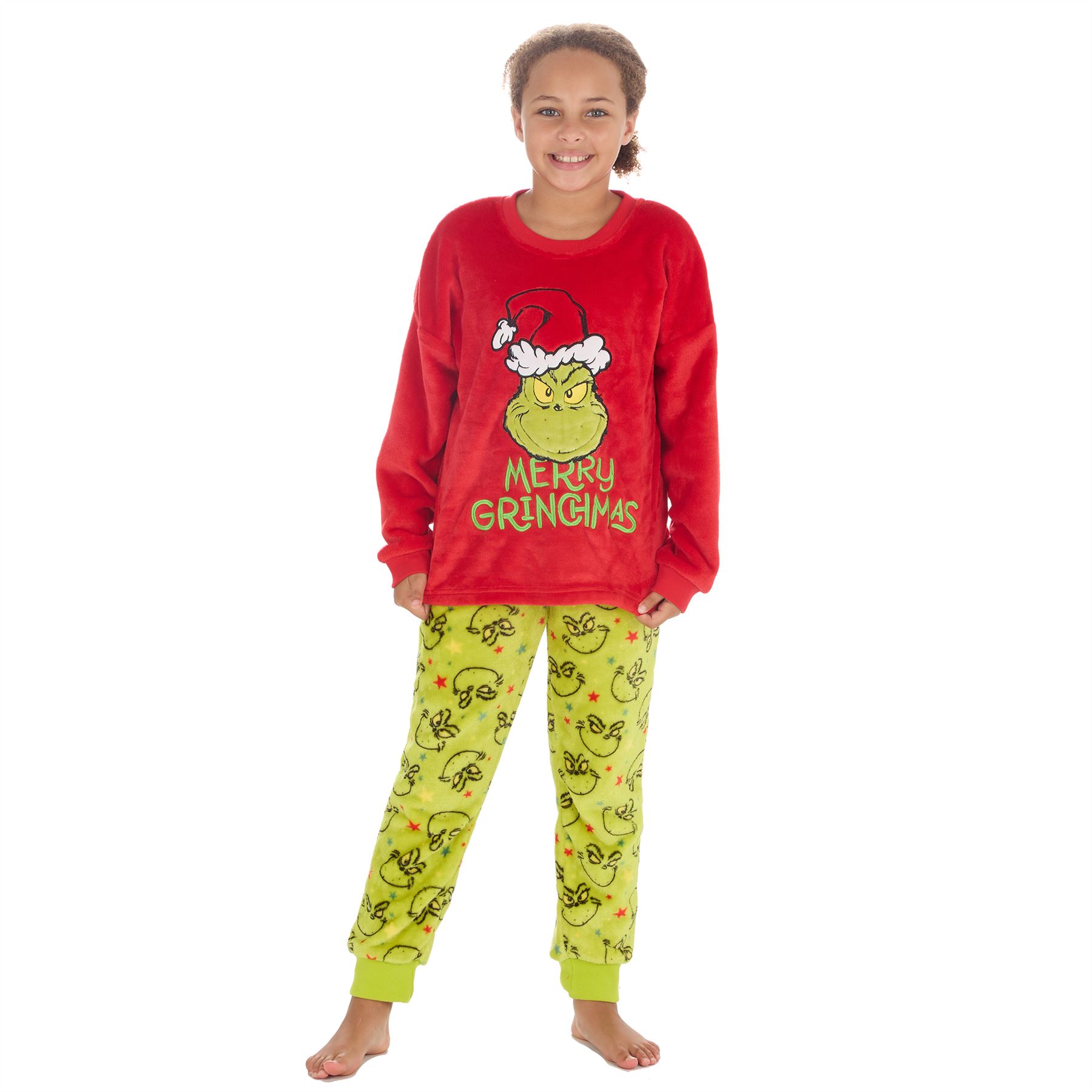 Grinch Fleece Schlafanzug passend Familie Weihnachten Unisex Erwachsene Kinder Pyjama Set - Bild 7 von 22
