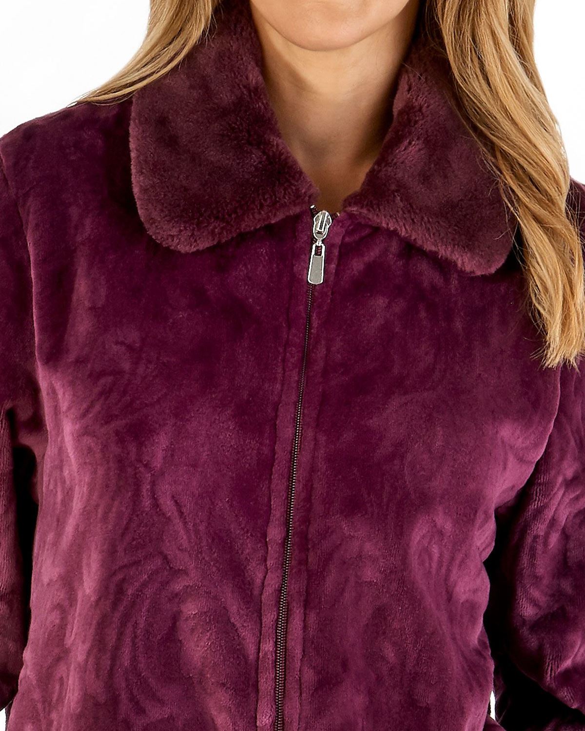 Ladies Slenderella Luxury Faux Fur Collar 50" Long Zip Through Dressing