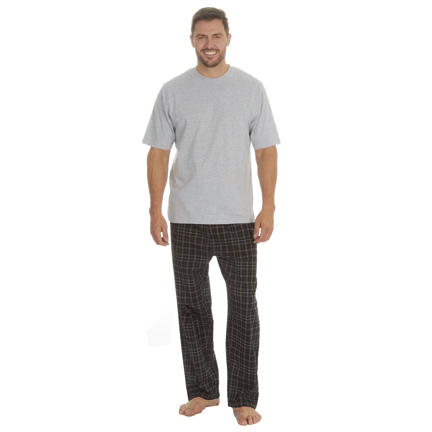 Mens Pyjamas Jersey Top Long Woven Check Pants Lounge Pyjama Set Pjs Nightwear - Picture 18 of 28