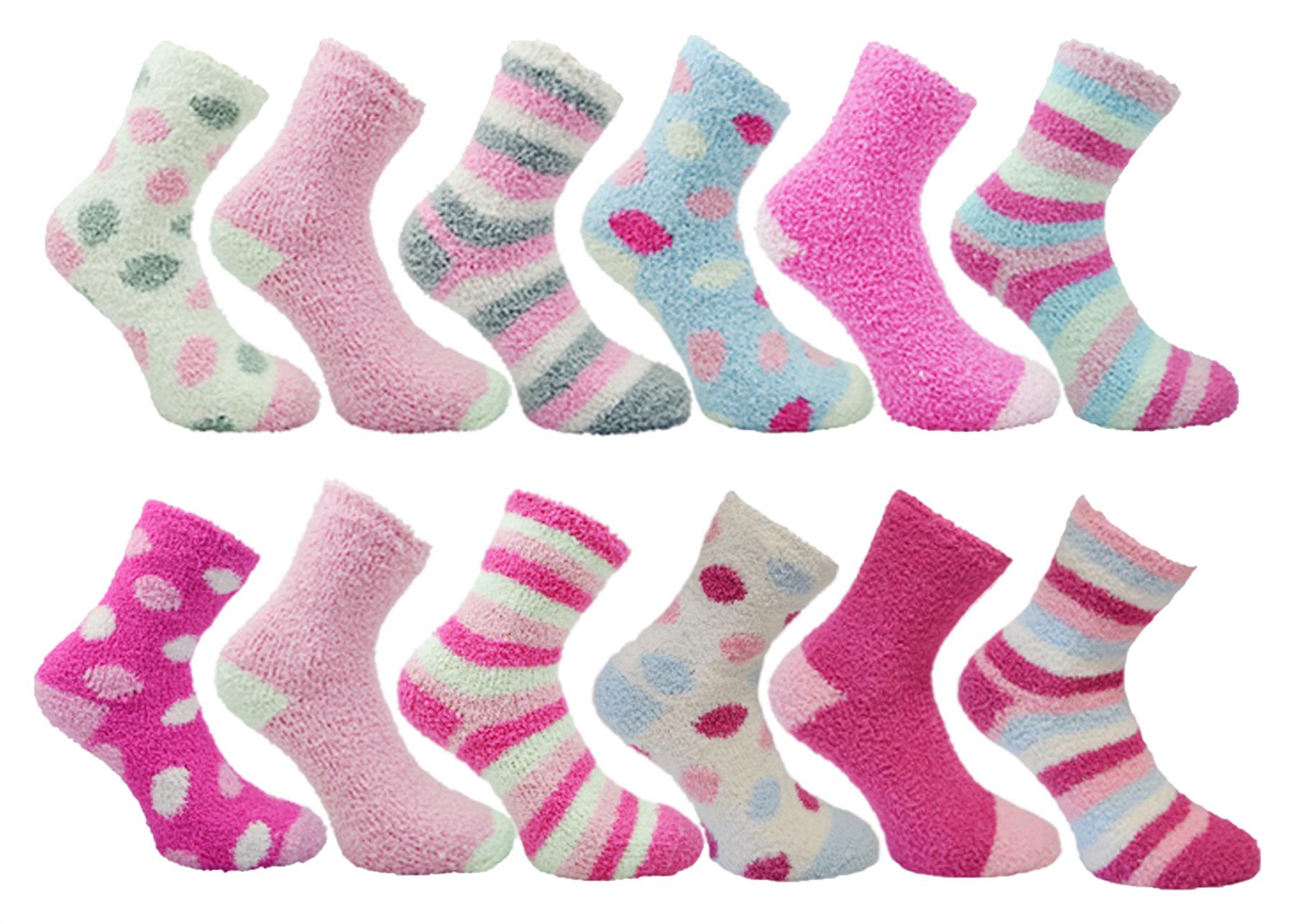 4 Pairs Mixed Ladies Cosy Soft Fleece Lounge Bed Socks With Grip or Non