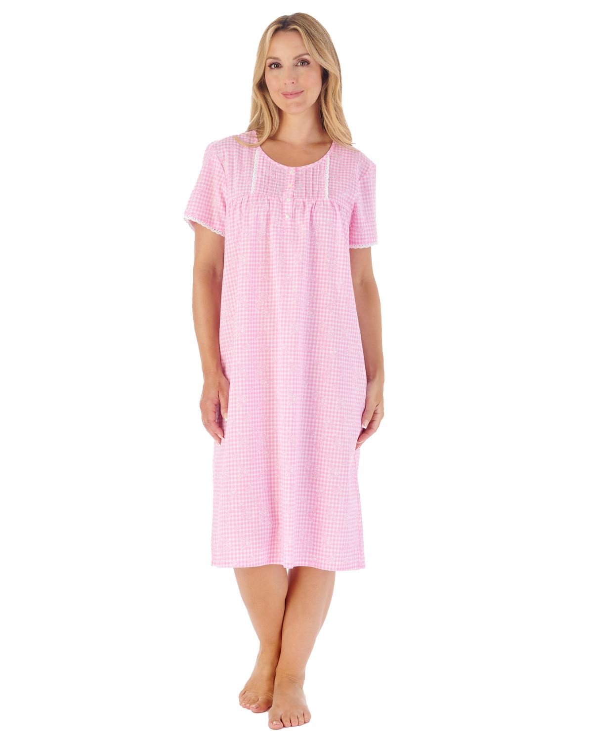 Slenderella Cotton Nightie Ladies Gingham Floral Woven Short Sleeve Nightdress - Picture 4 of 5