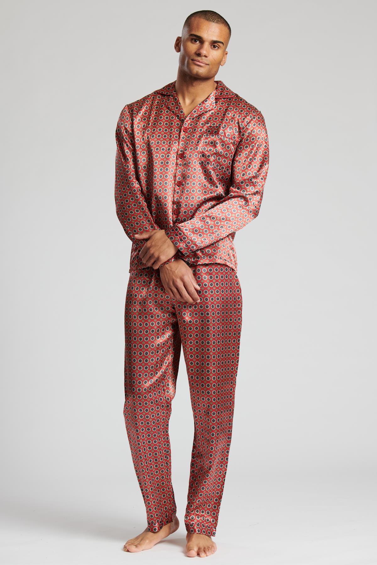 Men's Satin Custom Long Geo Pajamas Traditional Buttons Night Pajamas