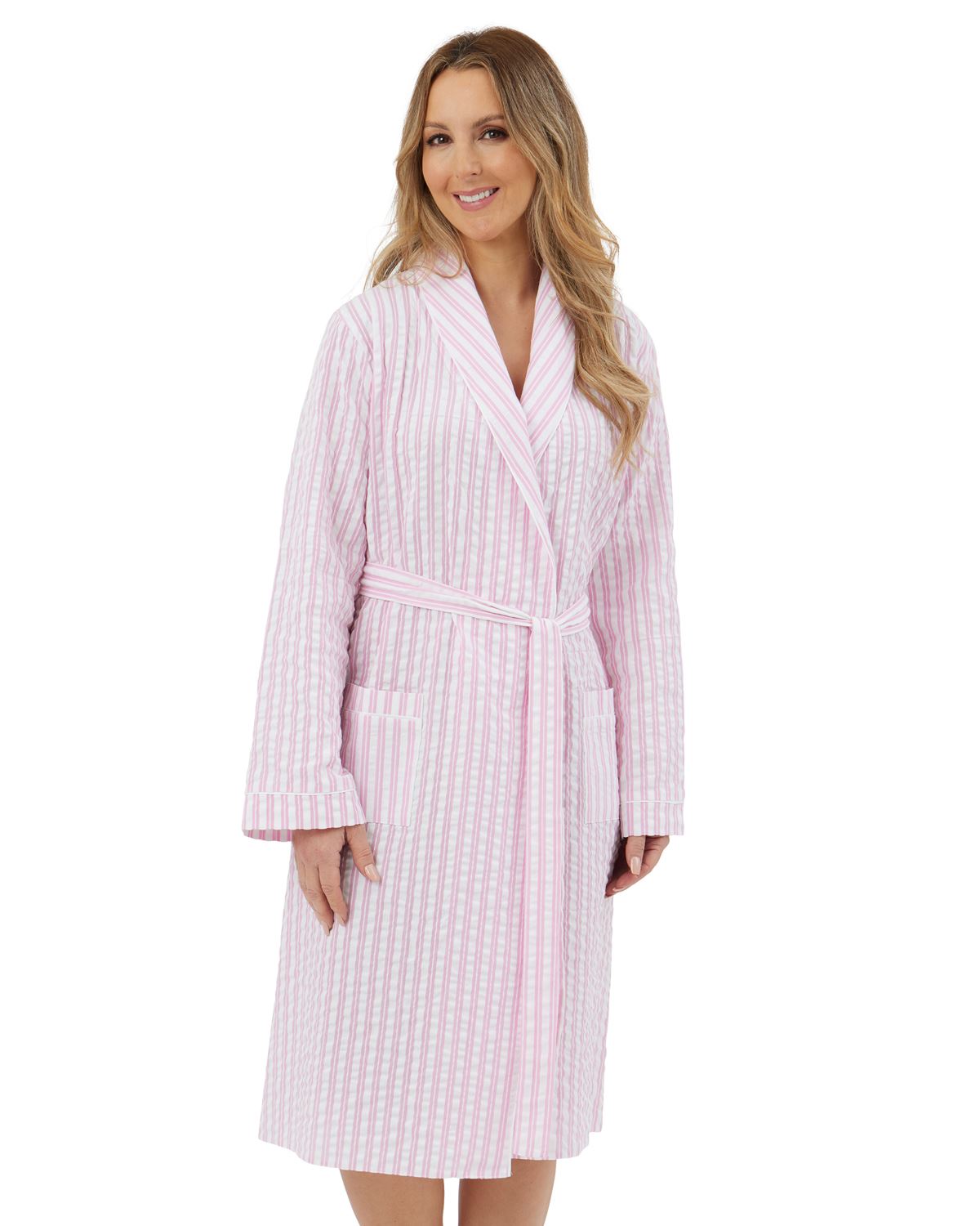 Marlon Cotton Seersucker Wrap Coastal Stripe 40" Robe Dressing Gown - Picture 6 of 8