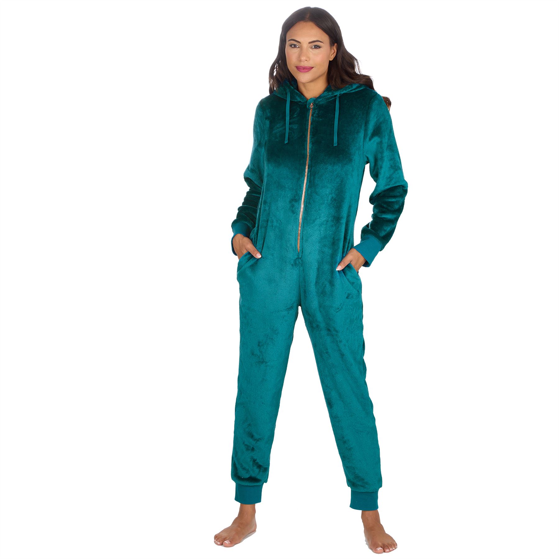 Ladies Fleece 1Onezie Soft Polished Hooded All In One Zip Jumpsuit Loungewear - Picture 10 of 13