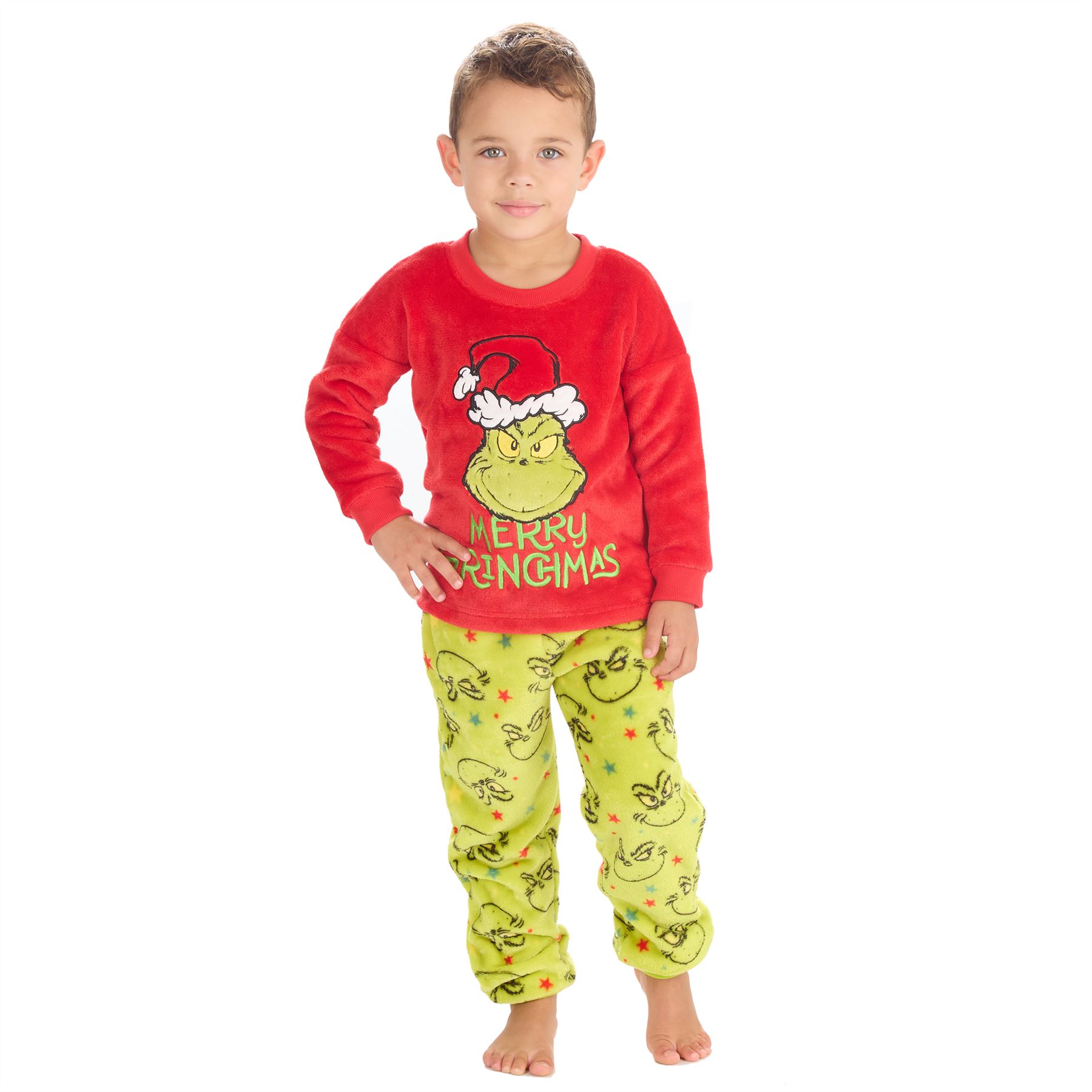 Grinch Fleece Schlafanzug passend Familie Weihnachten Unisex Erwachsene Kinder Pyjama Set - Bild 2 von 22