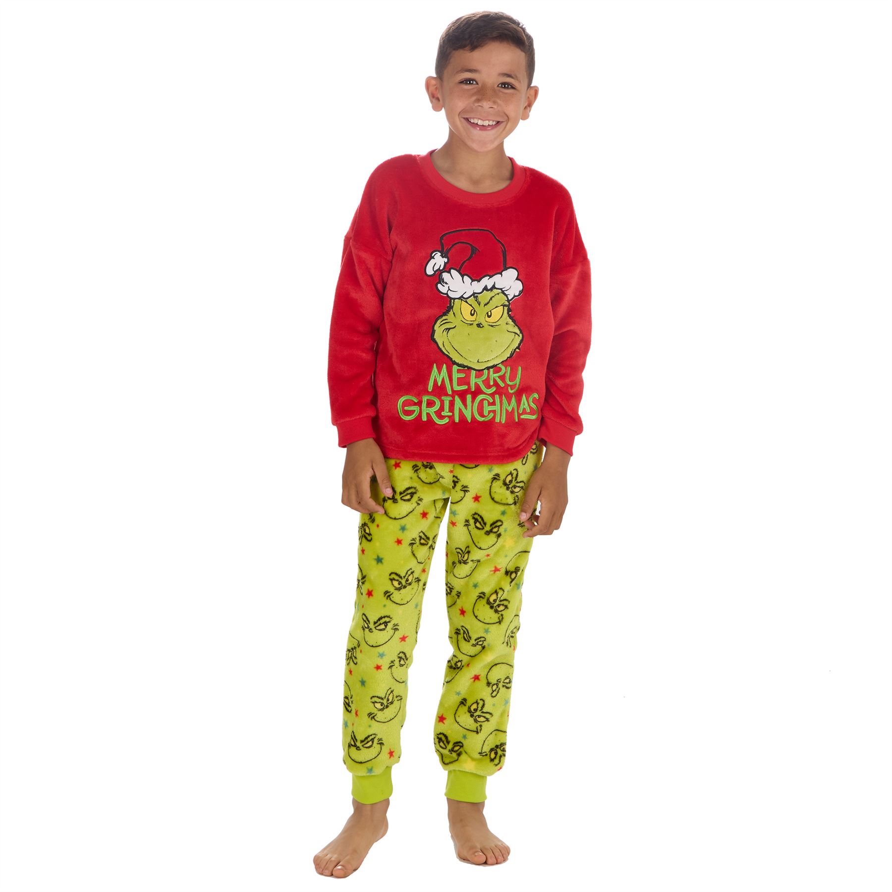 Grinch Fleece Schlafanzug passend Familie Weihnachten Unisex Erwachsene Kinder Pyjama Set - Bild 10 von 22