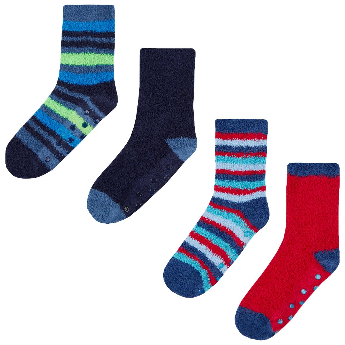 4 Pairs Kids Boys Girls Cosy Soft Fleece Lounge Slipper Socks & Rubber