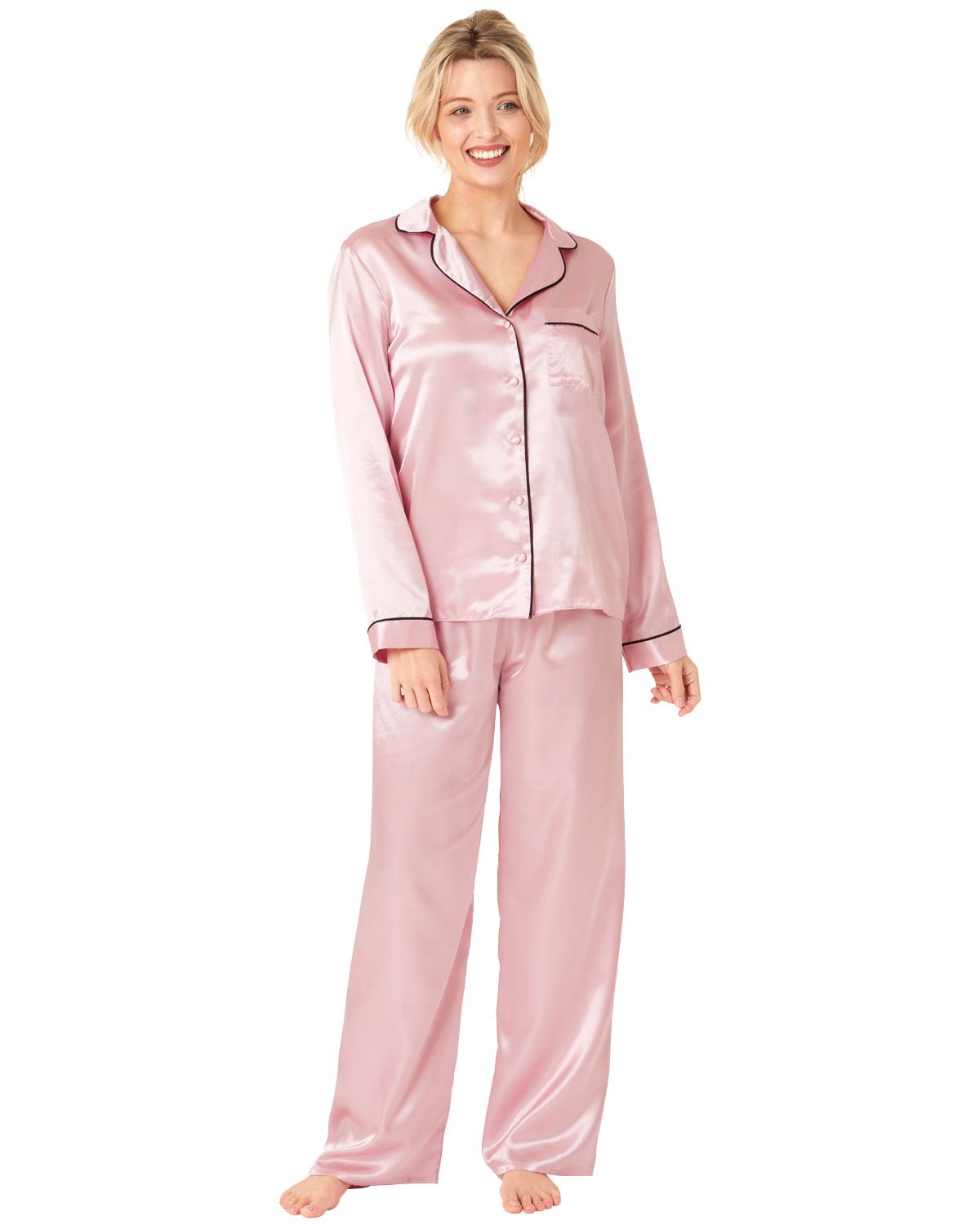Ladies Satin Long Pajamas Button Through Silky Pajama Set PJ Nightwear - Picture 2 of 18